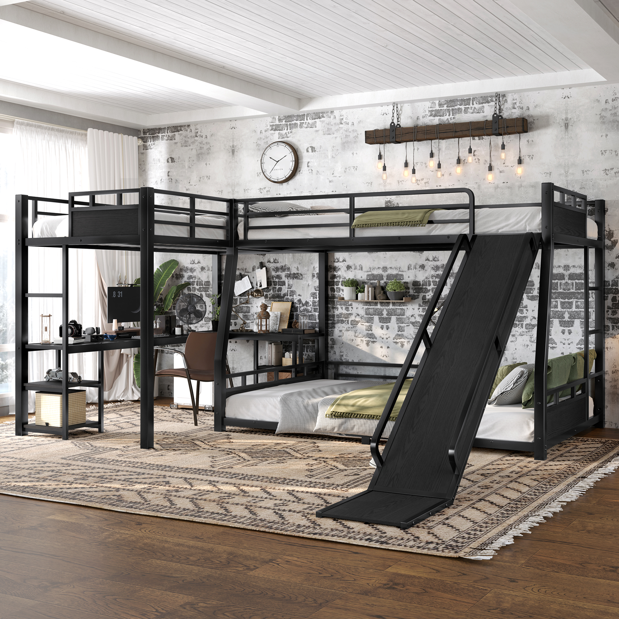 L-Shaped Metal Bunk Bed (Top bed:Full/FullXL, bottom bed: Queen) with Twin XL Loft Bed, Desk, and Storage Shelves Metal Triple Bunk Bed with Slide, Space-Saving and Quiet Design, Black