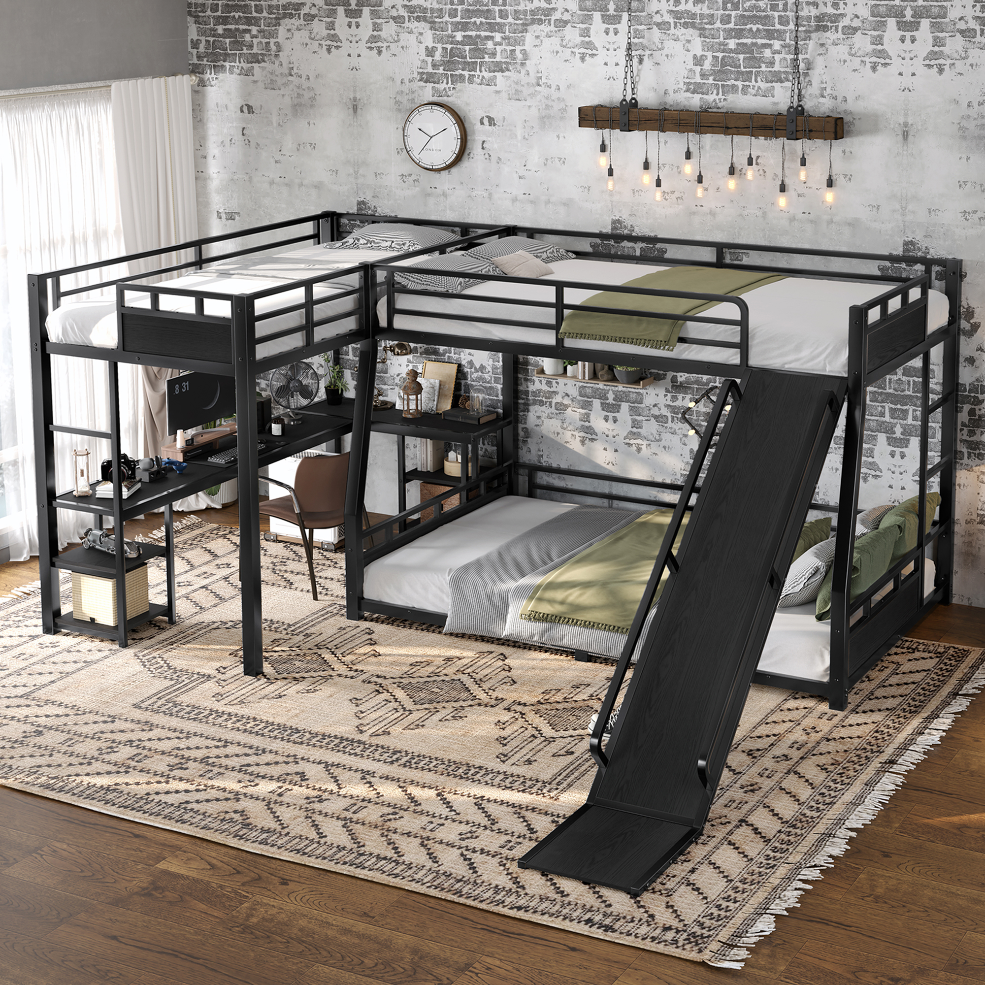 L-Shaped Metal Bunk Bed (Top bed:Full/FullXL, bottom bed: Queen) with Twin XL Loft Bed, Desk, and Storage Shelves Metal Triple Bunk Bed with Slide, Space-Saving and Quiet Design, Black - Image 2