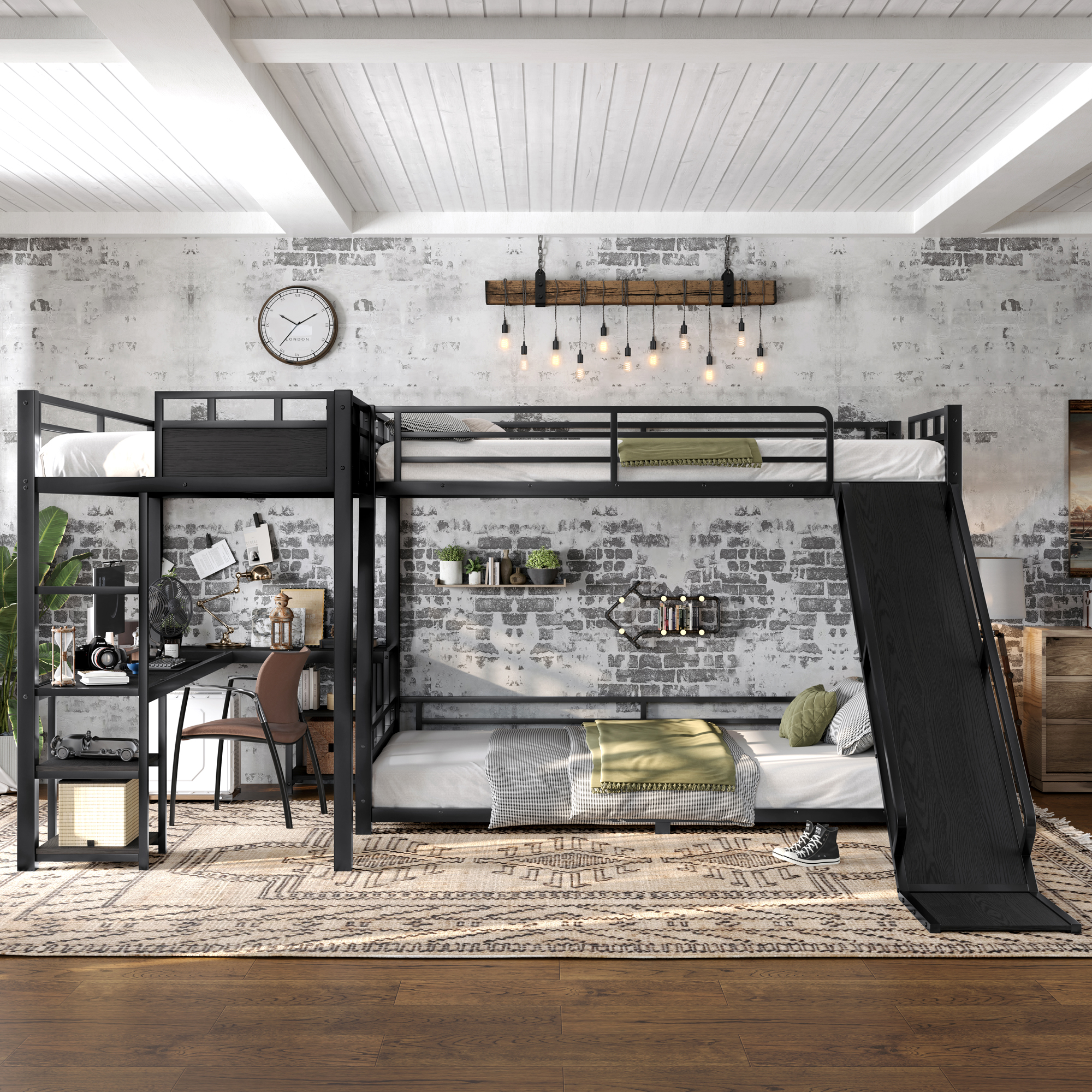 L-Shaped Metal Bunk Bed (Top bed:Full/FullXL, bottom bed: Queen) with Twin XL Loft Bed, Desk, and Storage Shelves Metal Triple Bunk Bed with Slide, Space-Saving and Quiet Design, Black - Image 3