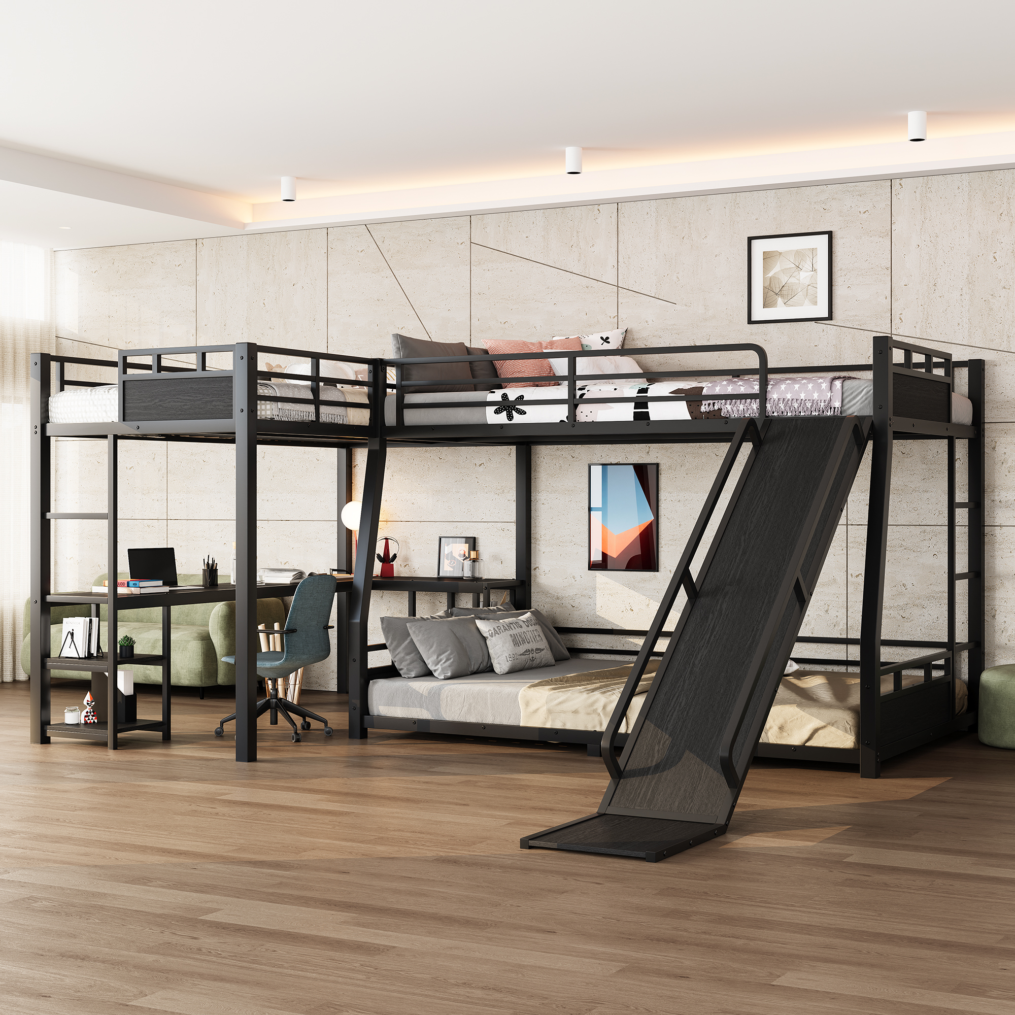 L-Shaped Metal Bunk Bed (Top bed:Full/FullXL, bottom bed: Queen) with Twin XL Loft Bed, Desk, and Storage Shelves Metal Triple Bunk Bed with Slide, Space-Saving and Quiet Design, Black - Image 4
