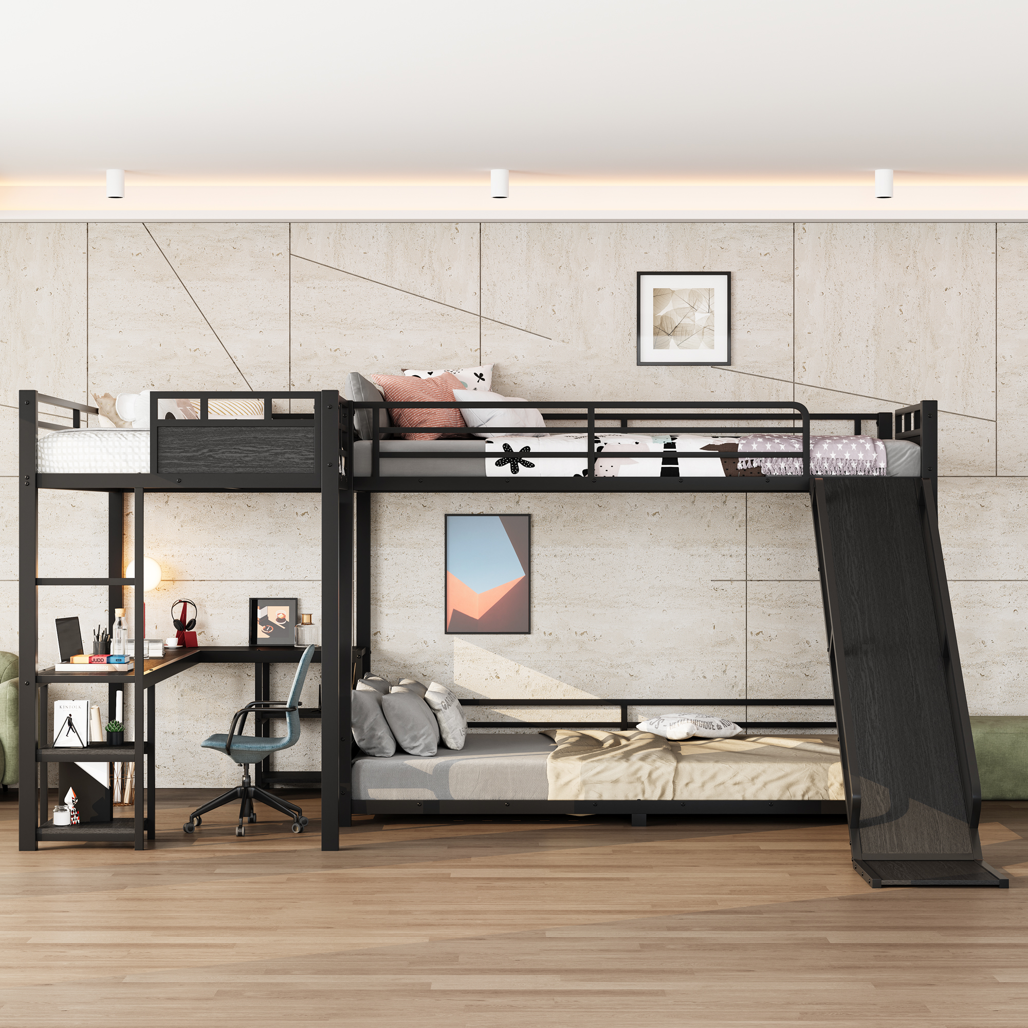 L-Shaped Metal Bunk Bed (Top bed:Full/FullXL, bottom bed: Queen) with Twin XL Loft Bed, Desk, and Storage Shelves Metal Triple Bunk Bed with Slide, Space-Saving and Quiet Design, Black - Image 6