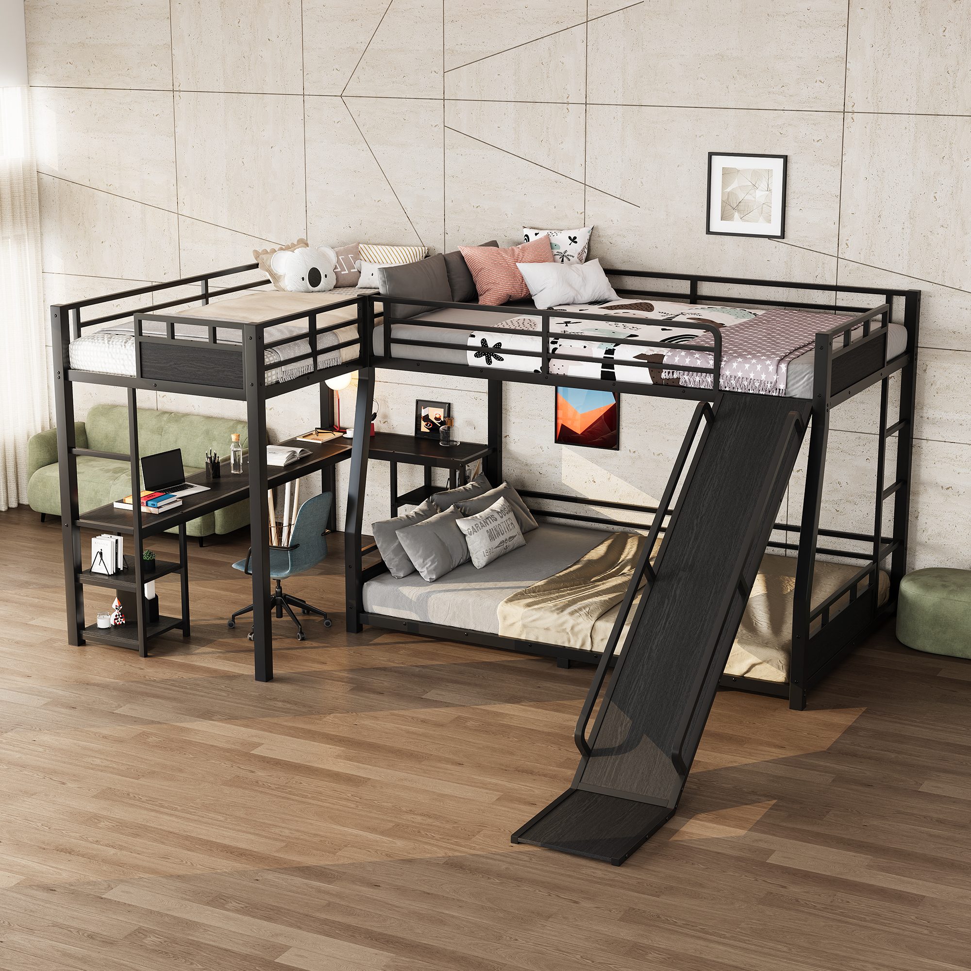 L-Shaped Metal Bunk Bed (Top bed:Full/FullXL, bottom bed: Queen) with Twin XL Loft Bed, Desk, and Storage Shelves Metal Triple Bunk Bed with Slide, Space-Saving and Quiet Design, Black - Image 5