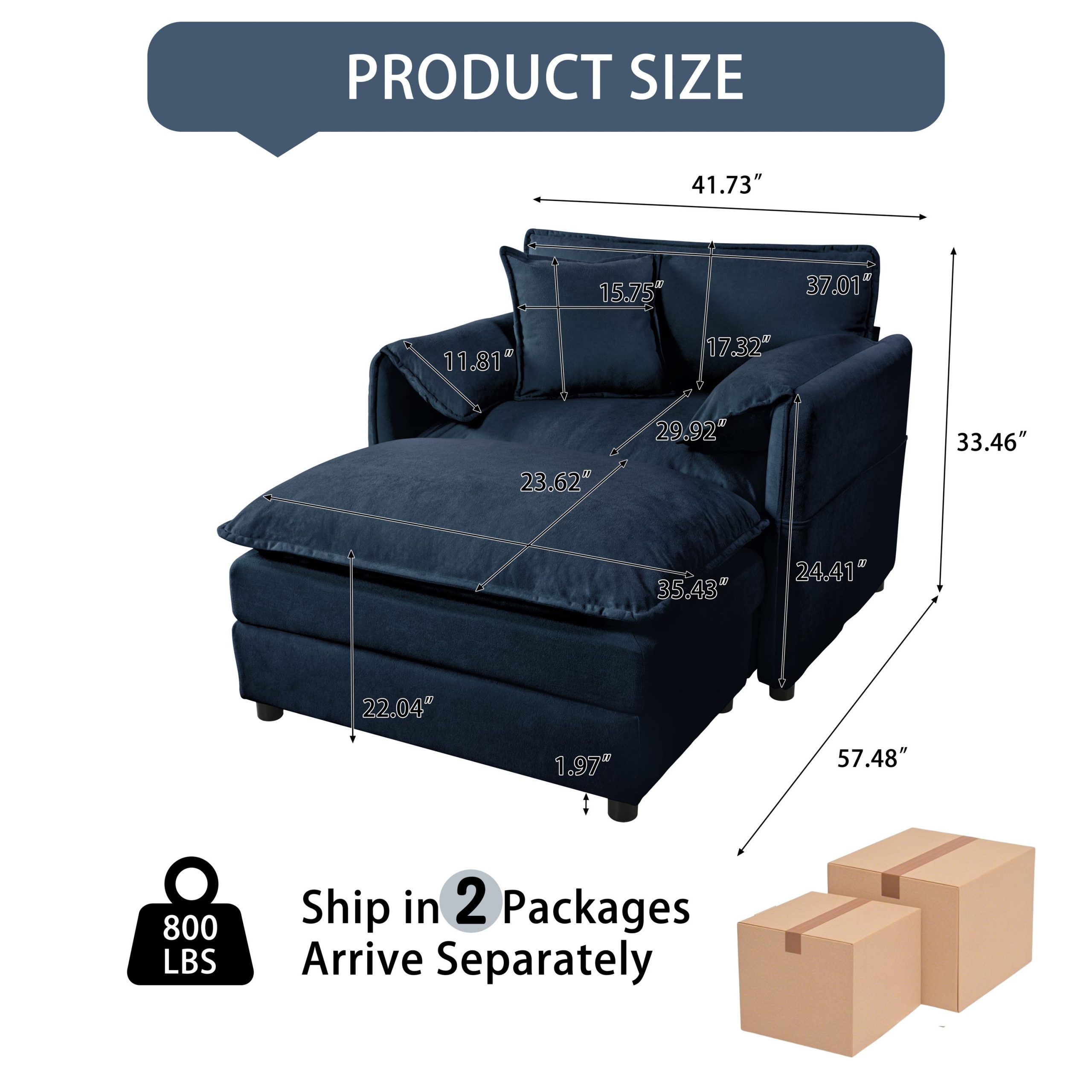 (Old:W3163S00002) Oversized 57.48" Recliner Chair with Movable Ottoman - Soft Chenille Upholstered Indoor Lounge Chair for Living Room or Bedroom,DIY Combination,Blue - Image 2