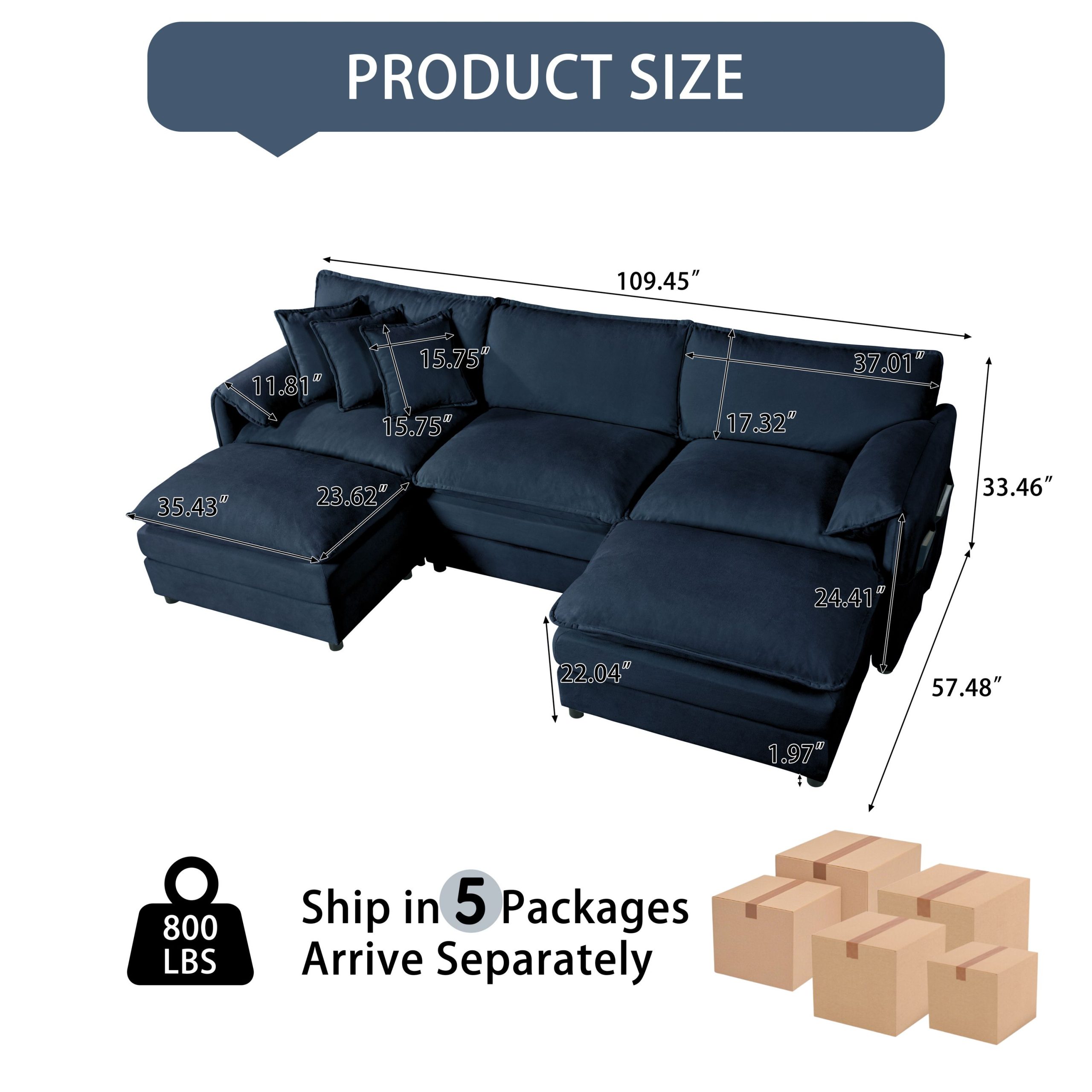 (Old:W3163S00023) Modular Sectional Sofa, Oversized Deep Seat U Shaped Couch Set for Living Room, 3-Seater Comfy Cloud Couches with 2 Movable Ottomans, DIY Combination, Chenille,Blue - Image 2