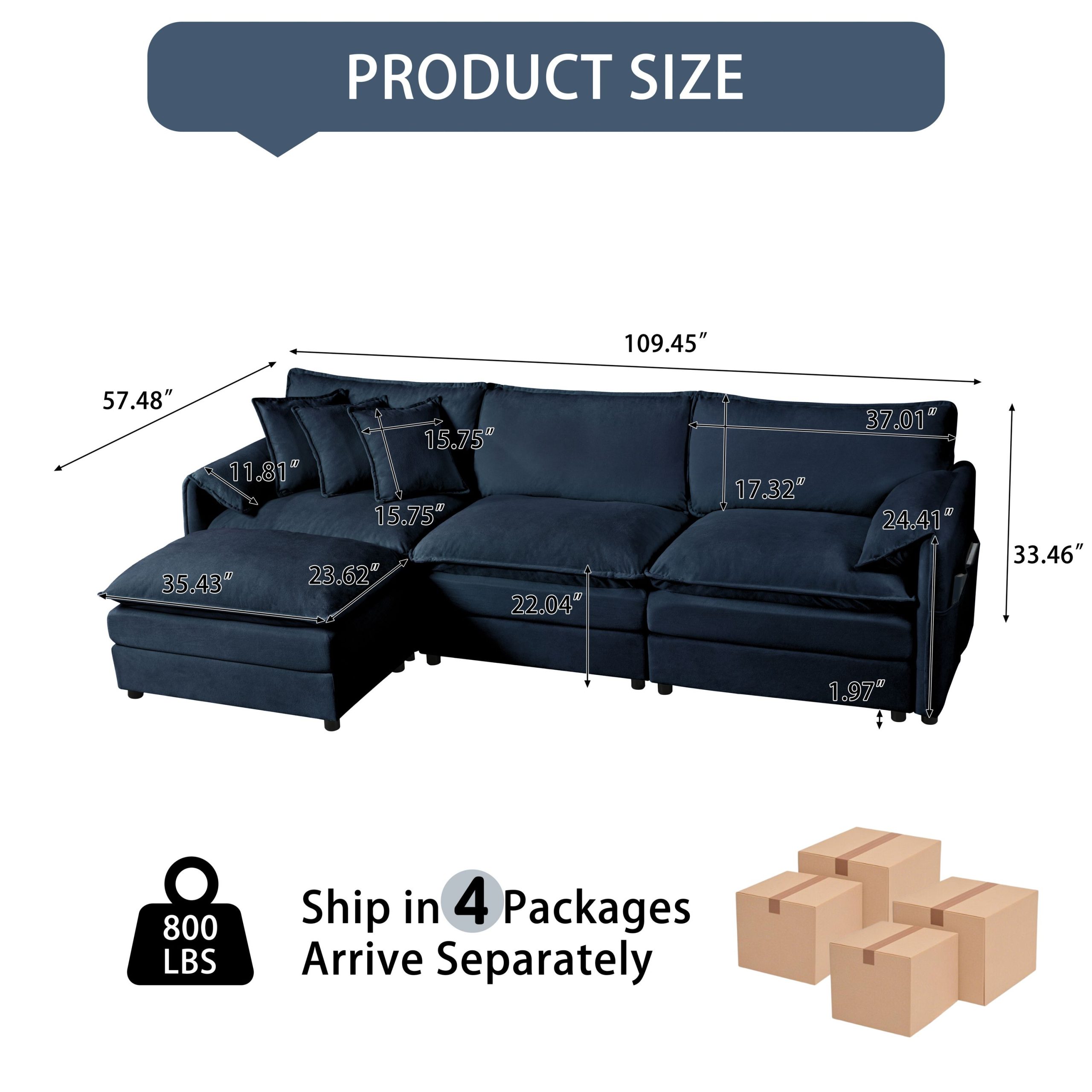 (Old:W3163S00020) Modular Sectional Sofa, Oversized Deep Seat L Shaped Couch Set for Living Room, 3-Seater Comfy Cloud Couches with Movable Ottoman, DIY Combination, Chenille,Blue - Image 2