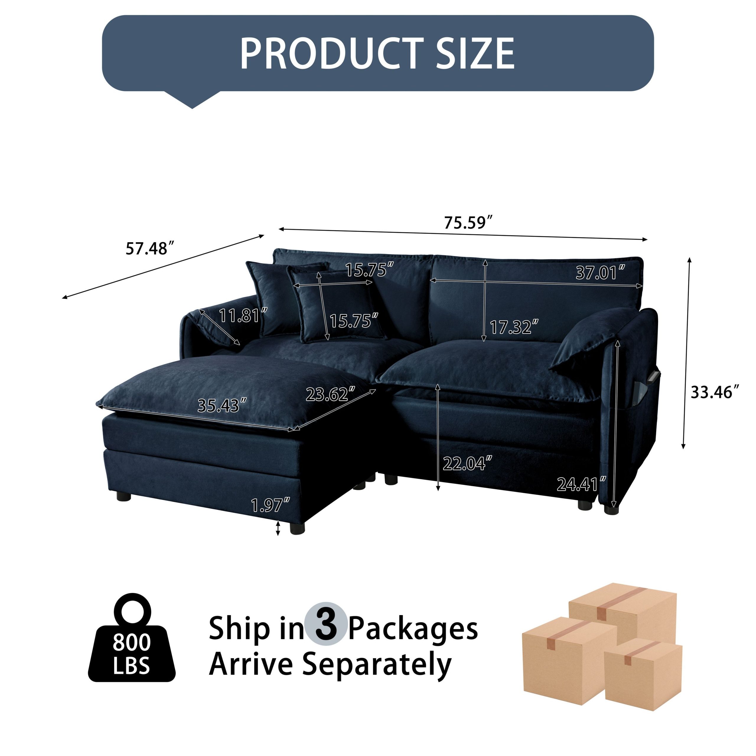 (Old:W3163S00011) Deep Seat Sectional Sofa Cloud Couch with Ottoman, Modern Chenille Comfy Love Seat Upholstered Modular L Shaped Couch for Living Room, Apartment, Office,DIY Combination,Blue - Image 2