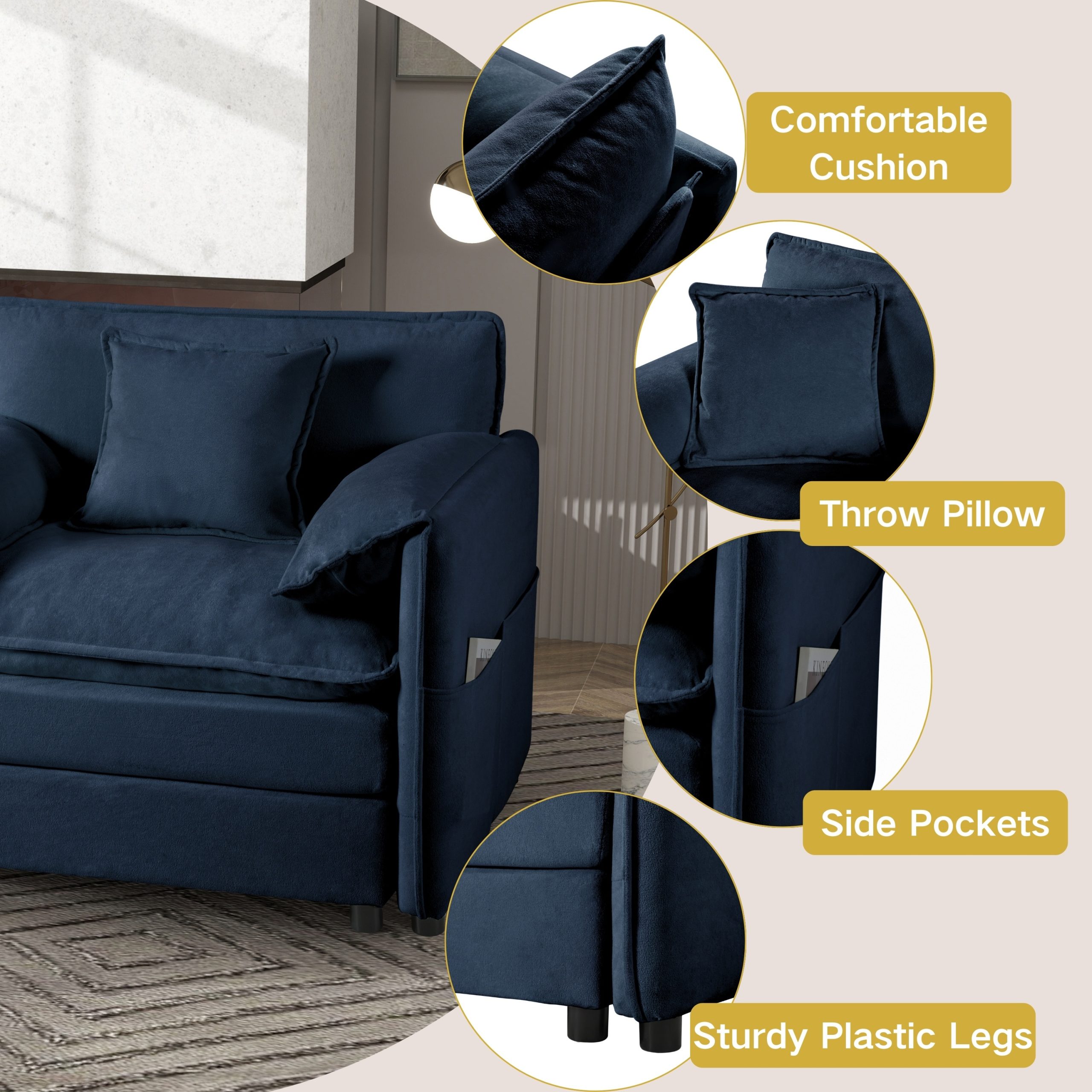 (Old:W3163S00011) Deep Seat Sectional Sofa Cloud Couch with Ottoman, Modern Chenille Comfy Love Seat Upholstered Modular L Shaped Couch for Living Room, Apartment, Office,DIY Combination,Blue - Image 5