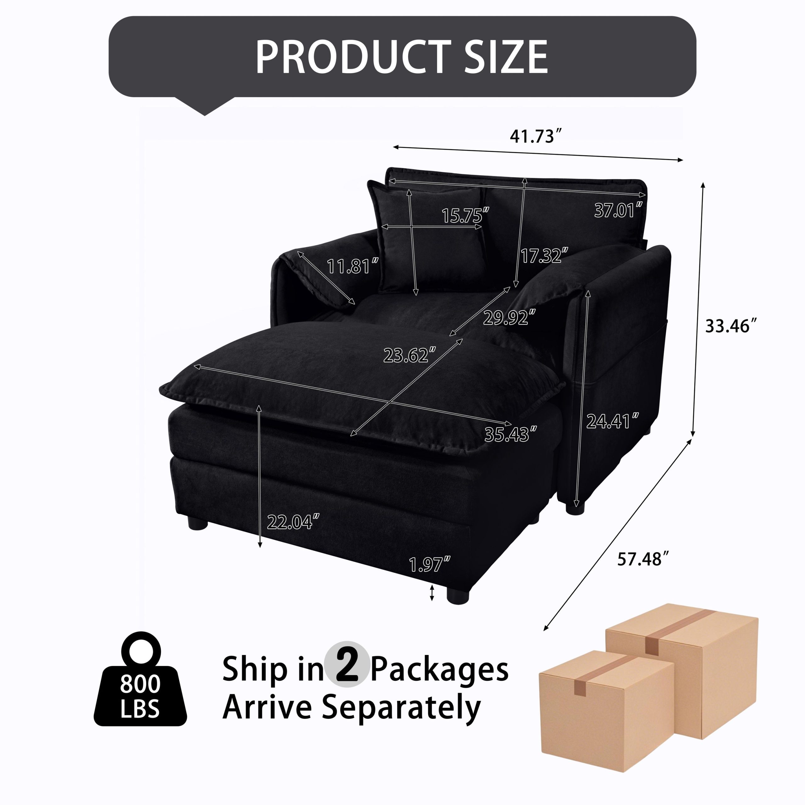 (Old:W3163S00003) Oversized 57.48" Recliner Chair with Movable Ottoman - Soft Chenille Upholstered Indoor Lounge Chair for Living Room or Bedroom,DIY Combination,Black - Image 2