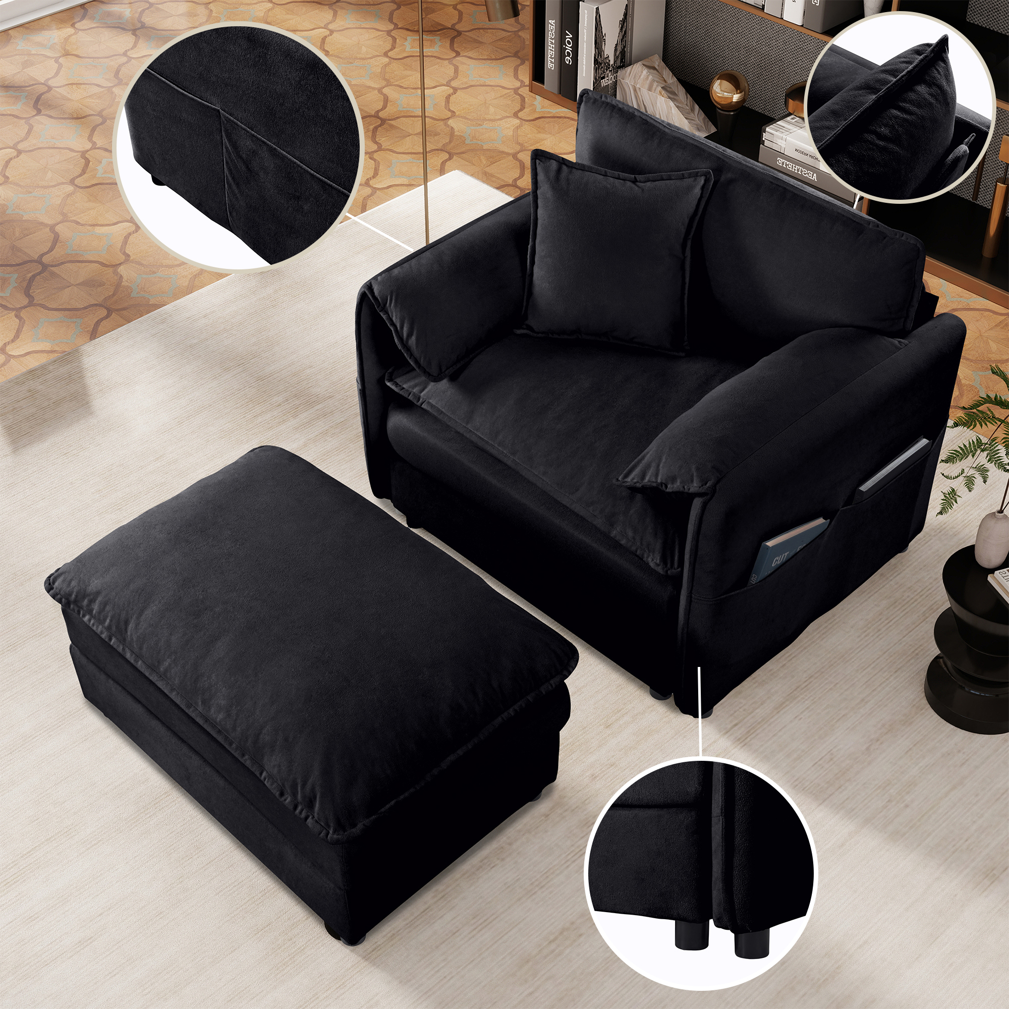 (Old:W3163S00003) Oversized 57.48" Recliner Chair with Movable Ottoman - Soft Chenille Upholstered Indoor Lounge Chair for Living Room or Bedroom,DIY Combination,Black - Image 3