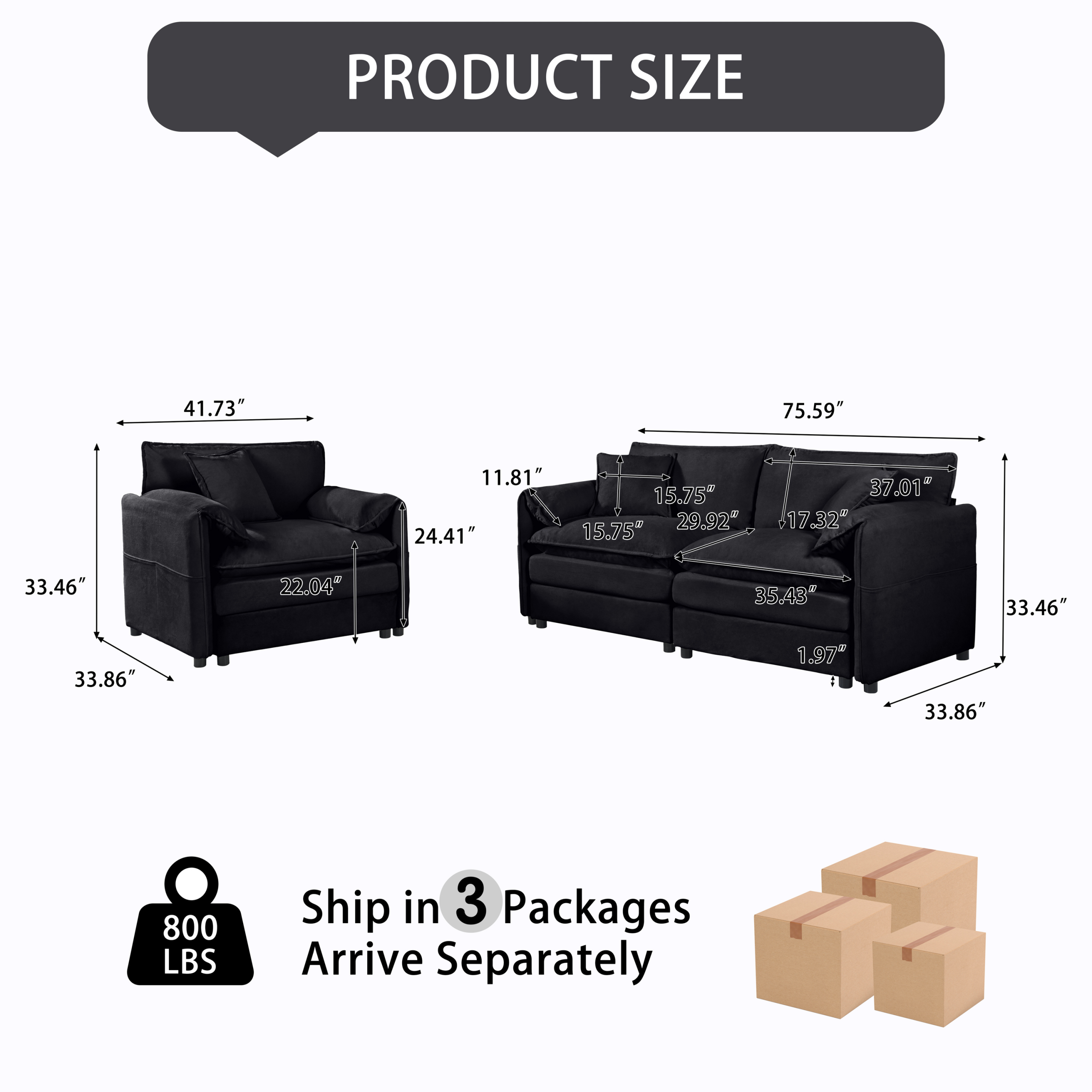 (Old:W3163S00033) Luxury 2-Piece Chenille Cloud Loveseat Set with 3 Pillows, Deep Seat Modern Couch & Armchair for Living Room, Bedroom, or Office, DIY Combination,Black - Image 2
