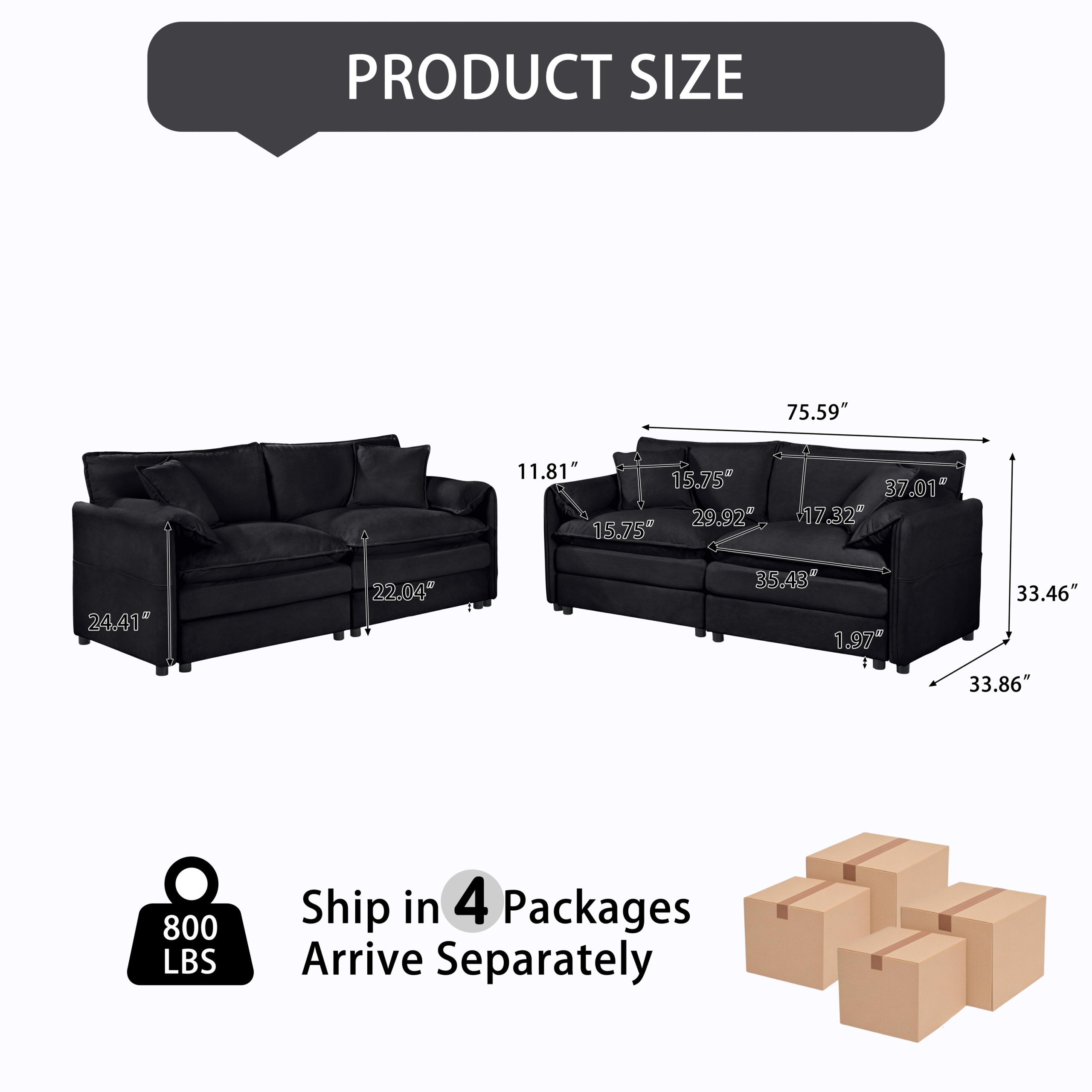 (Old:W3163S00036) Oversized Deep Seat Luxury 2 Piece Sofa Set, 2 Pieces of Loveseat Sofa, Modern Chenille Comfy Cloud Couches Set for Living Room Office with 4 Pillows,DIY Combination,Black - Image 2