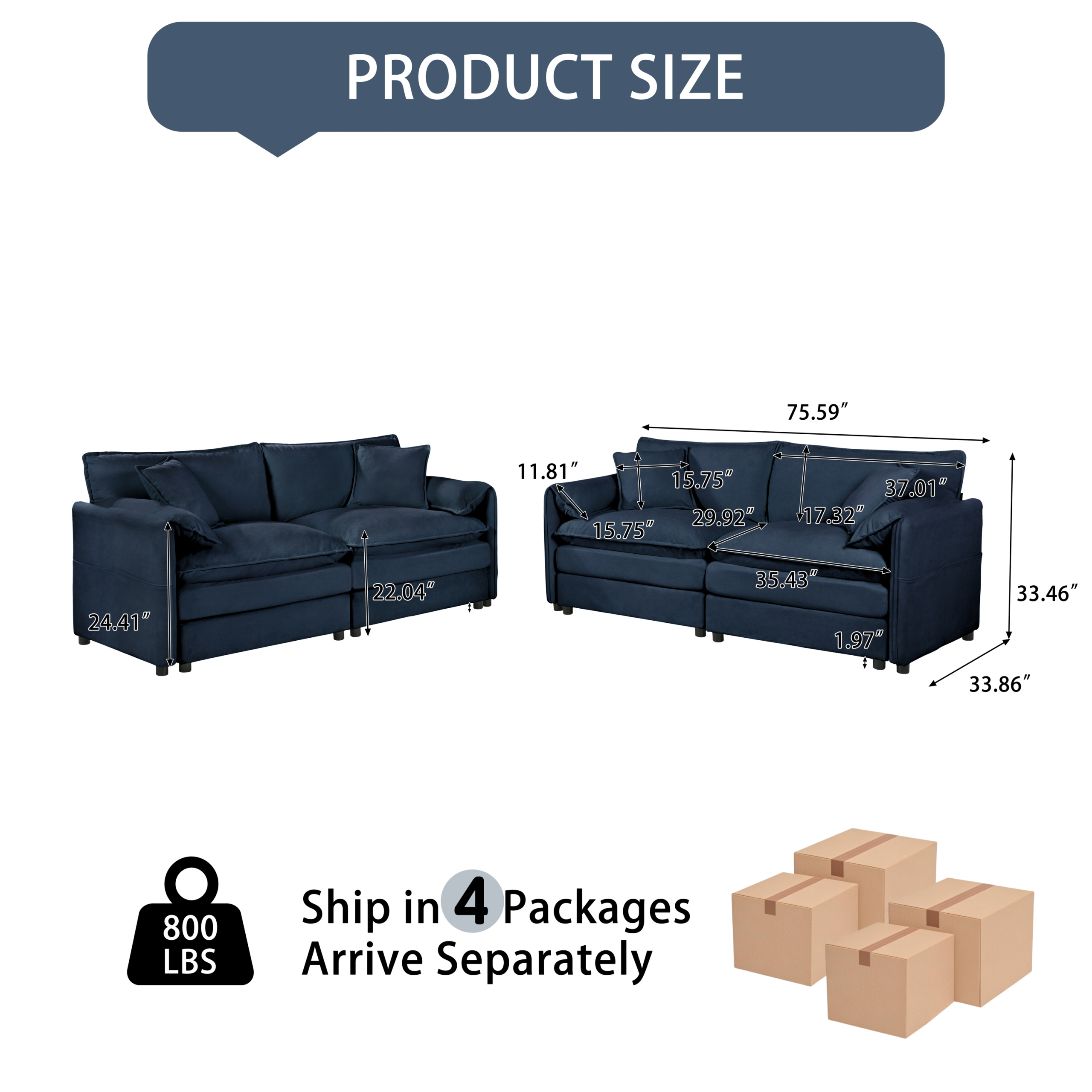 (Old:W3163S00035) Oversized Deep Seat Luxury 2 Piece Sofa Set, 2 Pieces of Loveseat Sofa, Modern Chenille Comfy Cloud Couches Set for Living Room Office with 4 Pillows,DIY Combination,Blue - Image 2