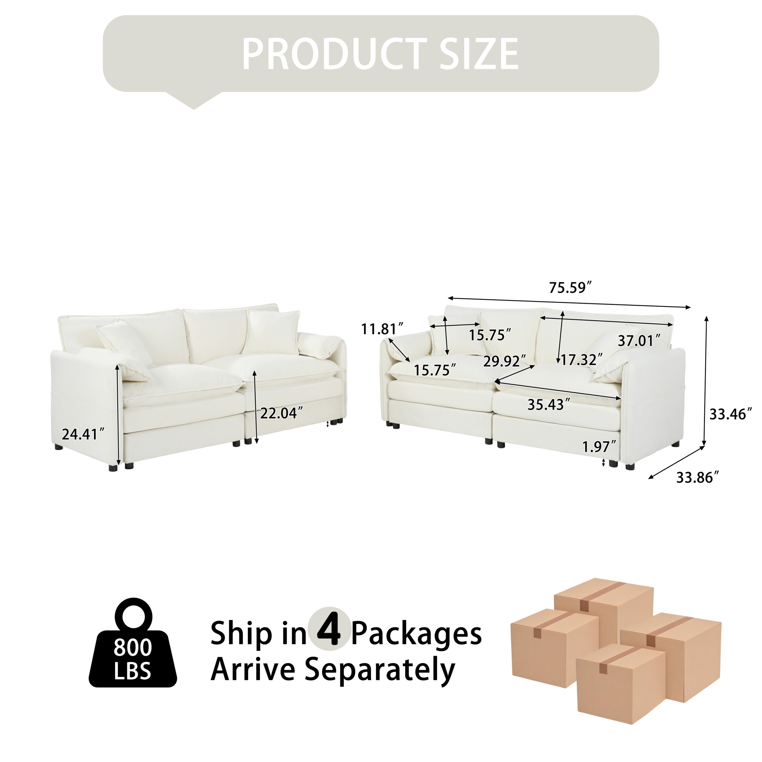(Old:W3163S00034) Oversized Deep Seat Luxury 2 Piece Sofa Set, 2 Pieces of Loveseat Sofa, Modern Chenille Comfy Cloud Couches Set for Living Room Office with 4 Pillows,DIY Combination,Beige - Image 2