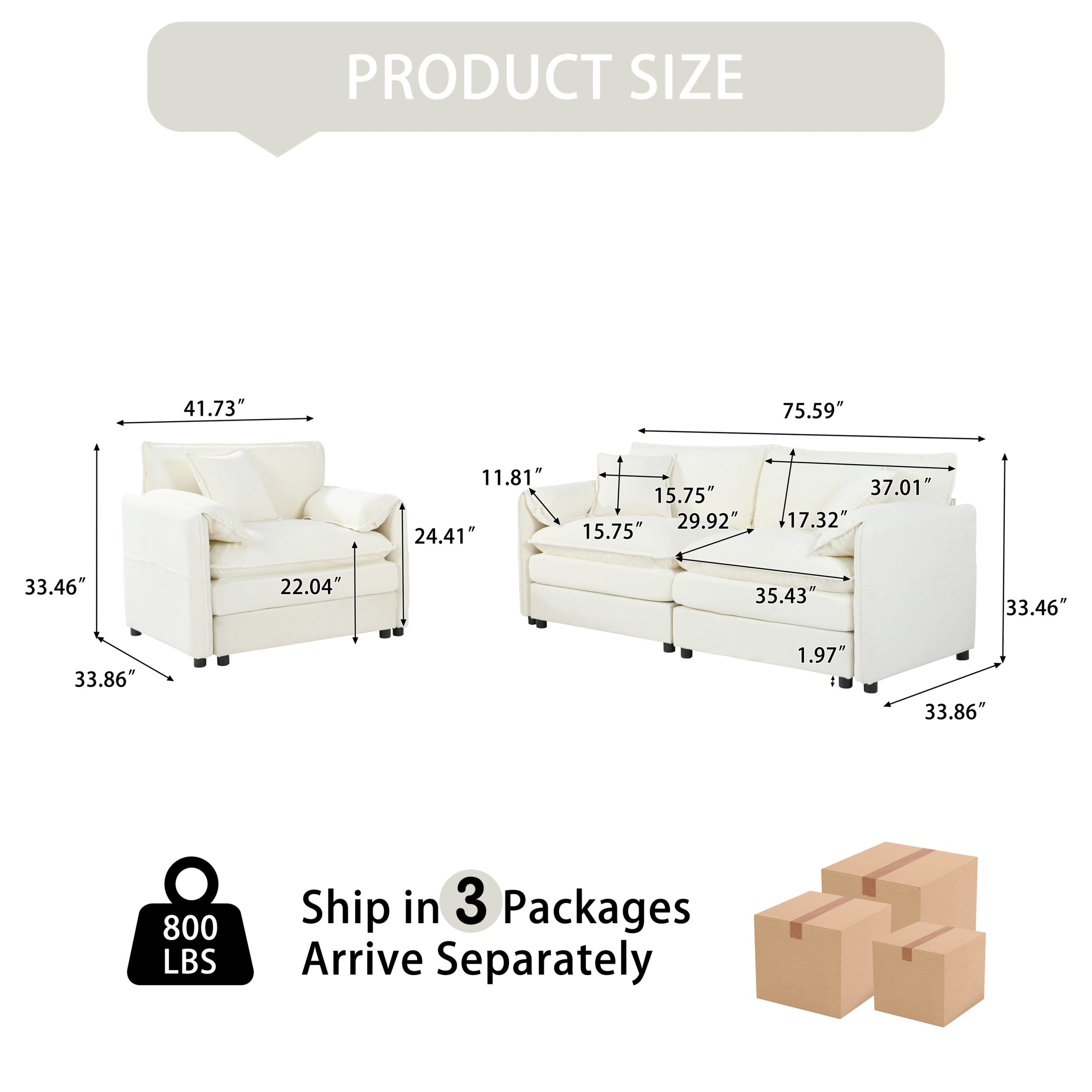 (Old:W3163S00031) Luxury 2-Piece Chenille Cloud Loveseat Set with 3 Pillows, Deep Seat Modern Couch & Armchair for Living Room, Bedroom, or Office, DIY Combination,Beige - Image 2