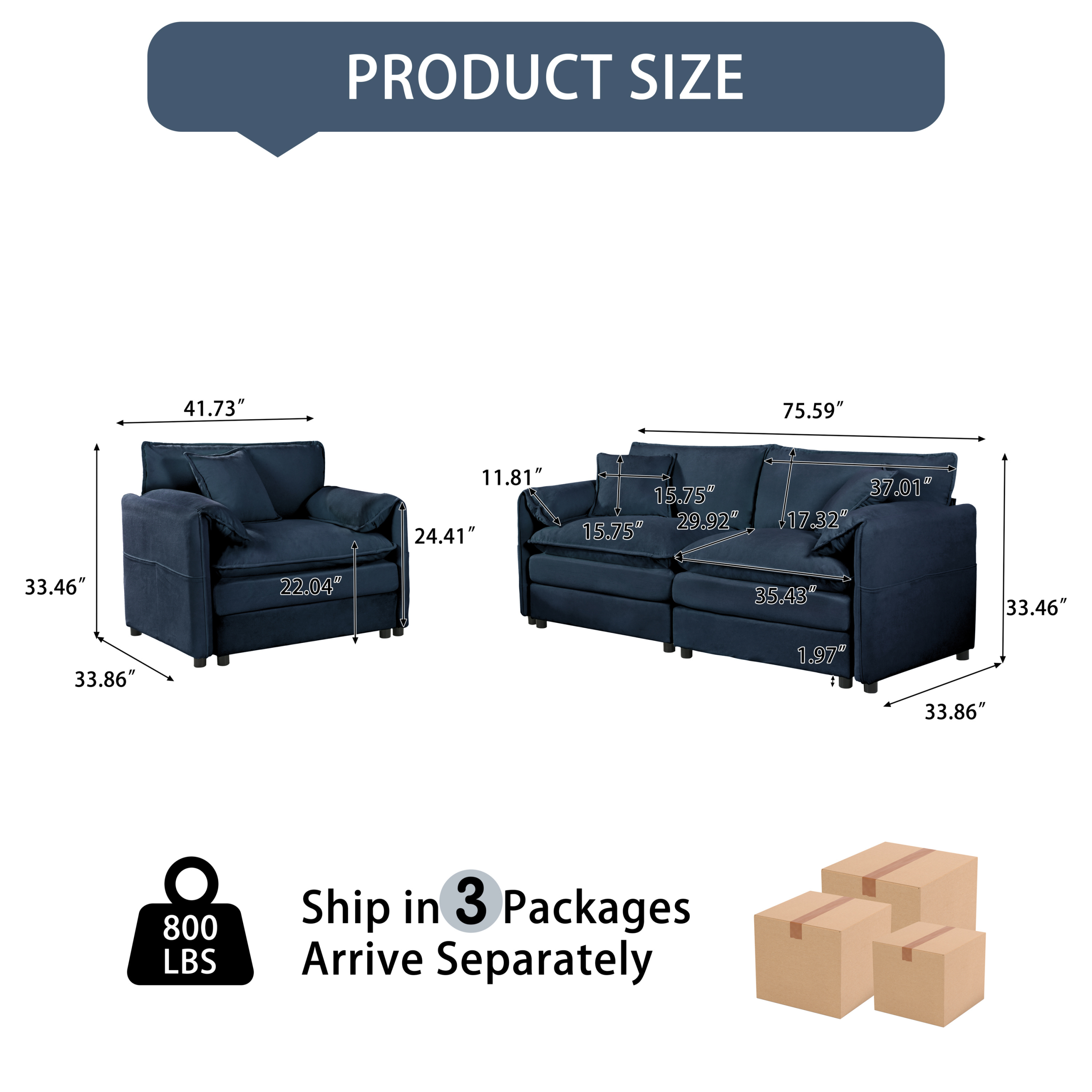 (Old:W3163S00032) Luxury 2-Piece Chenille Cloud Loveseat Set with 3 Pillows, Deep Seat Modern Couch & Armchair for Living Room, Bedroom, or Office, DIY Combination,Blue - Image 2