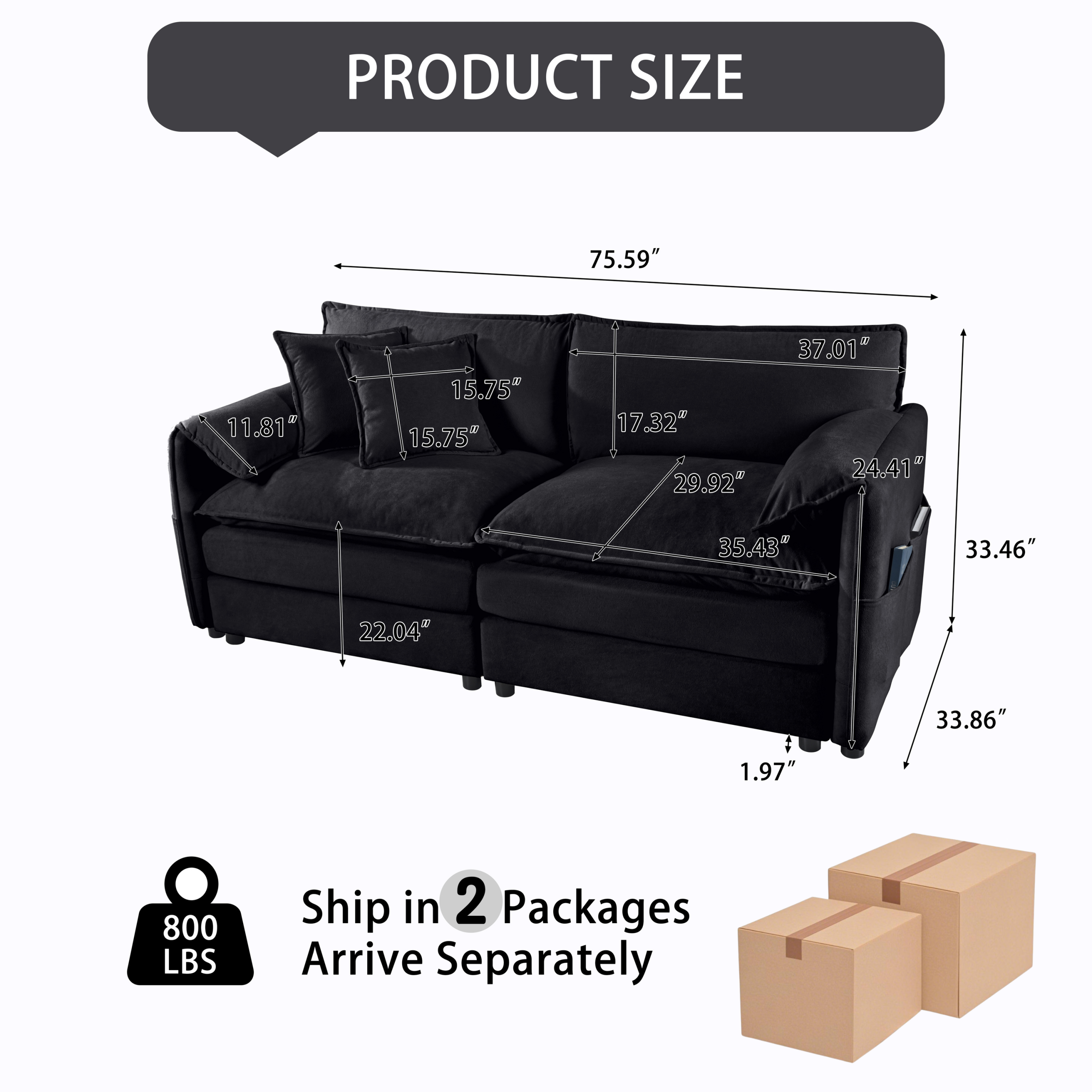 (Old:W3163S00006) Oversized Chenille Loveseat Sofa, Oversized 2-Seater Small Cloud Couch, Modern Comfy Deep Seat Love Seat for Living Room Bedroom Office Apartment,DIY Combination,Chenille,Black - Image 2