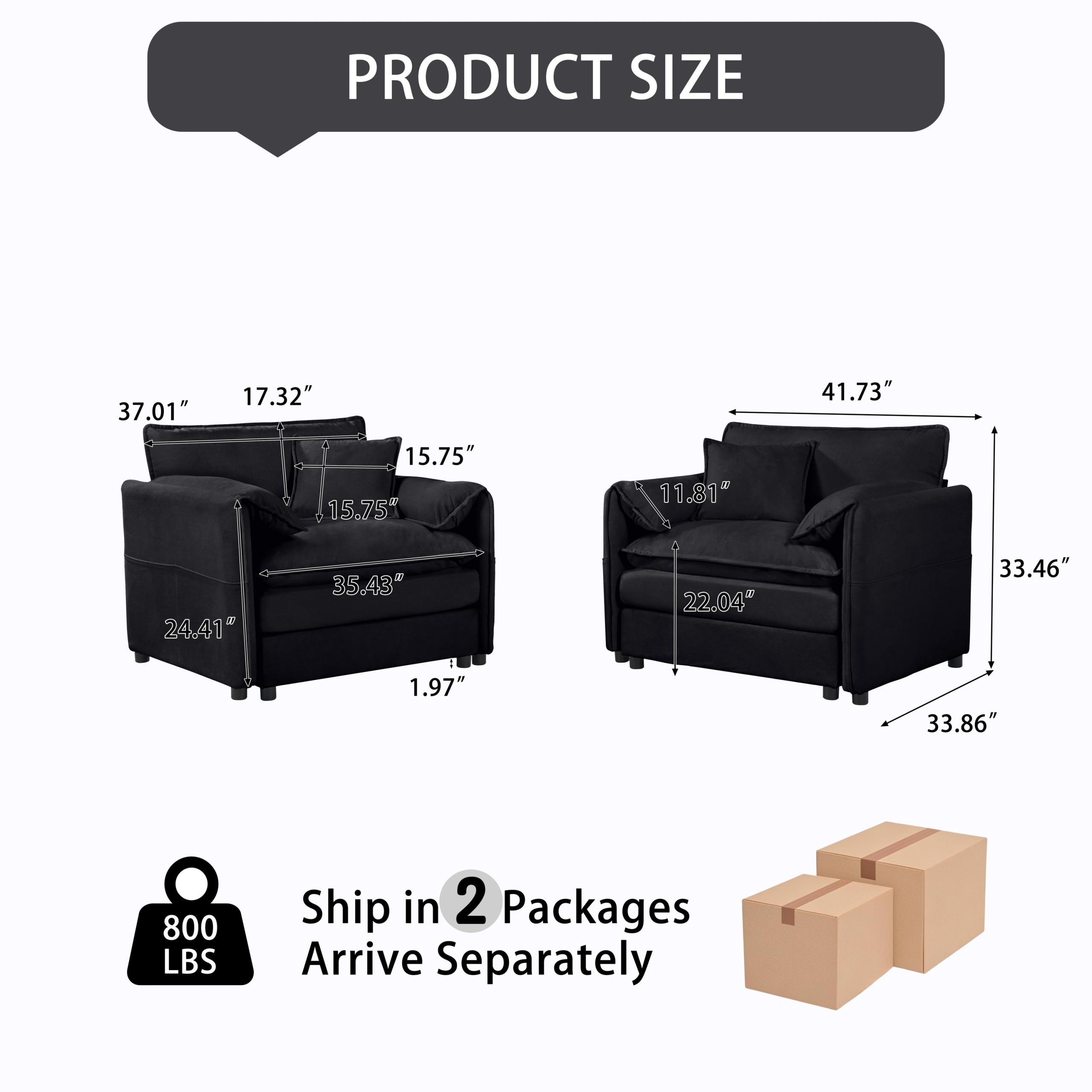 (Old:W3163S00009) Oversized Chenille Oversized Accent Chair Set of 2, Comfy Single Sofa Chair with Large Seat , Modern Armchair Reading Chairs for Bedroom, Living Room,Chenille,Black - Image 2