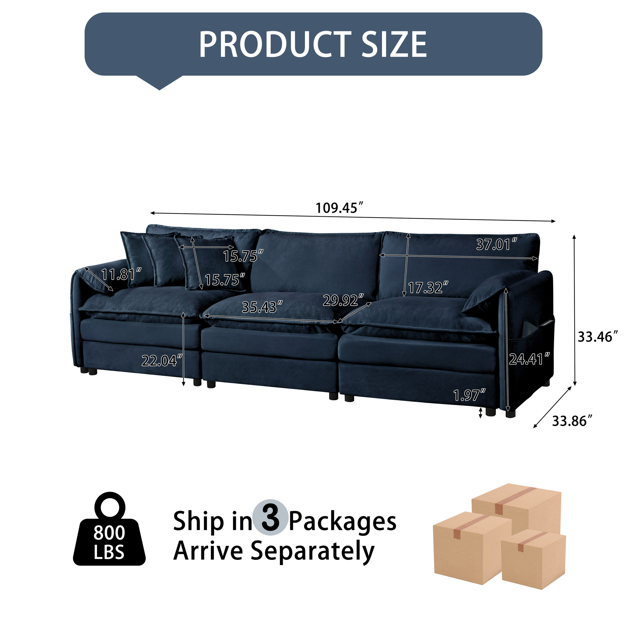(Old:W3163S00017) Oversized Deep Seat Sectional Sofa, Modern Chenille Cloud Couch, Large 3 Seater Modular Sofa with 3 Pillows for Living Room Bedroom Apartment Office,DIY Combination,Chenille,Blue - Image 2