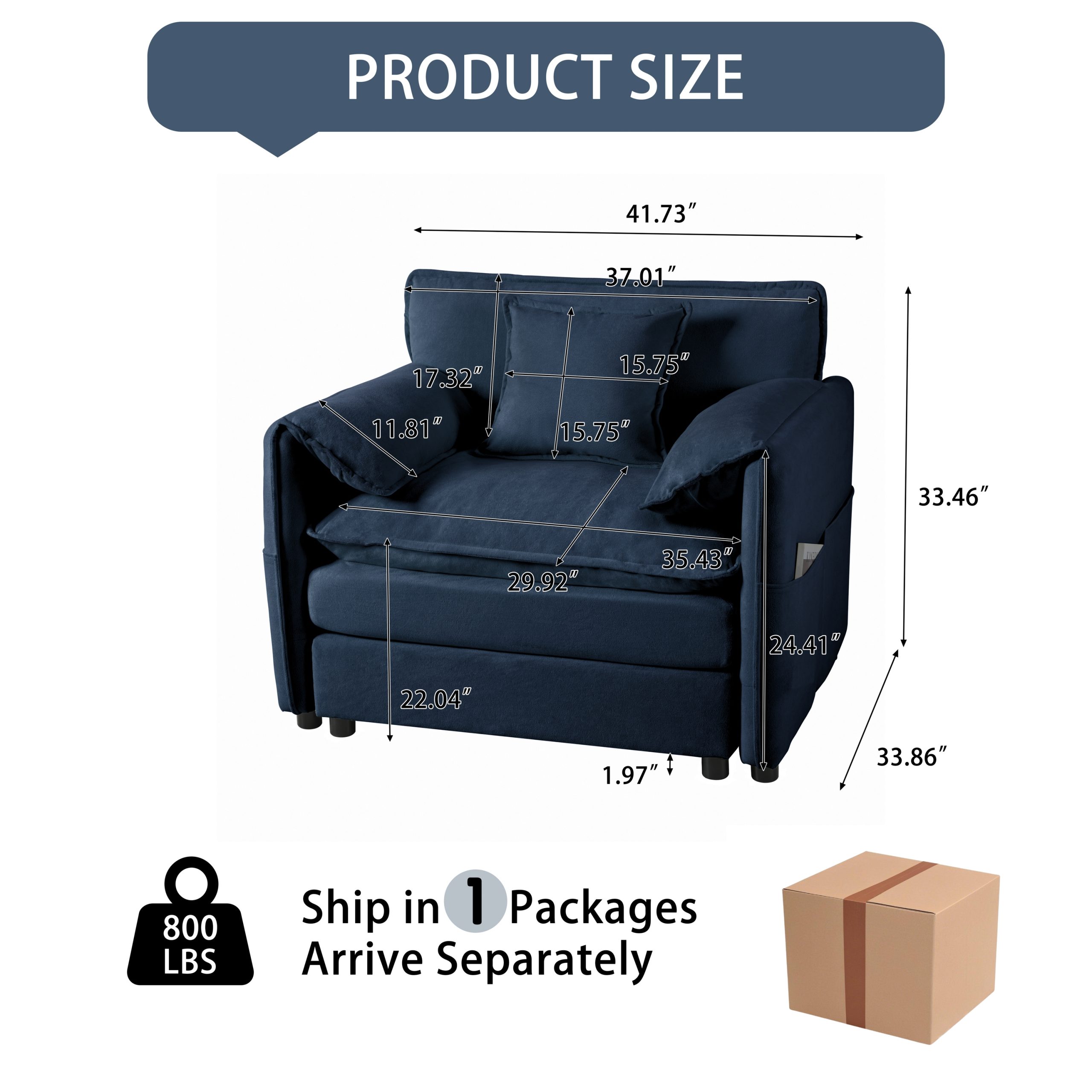 (Old:W3163P269205) Oversized 41.73" Chenille Armchair with 1 Toss Pillow, Modern Modular Reading Chair for Living Room or Bedroom, Deep-Seat DIY Sectional Sofa,Chenille,Blue - Image 2