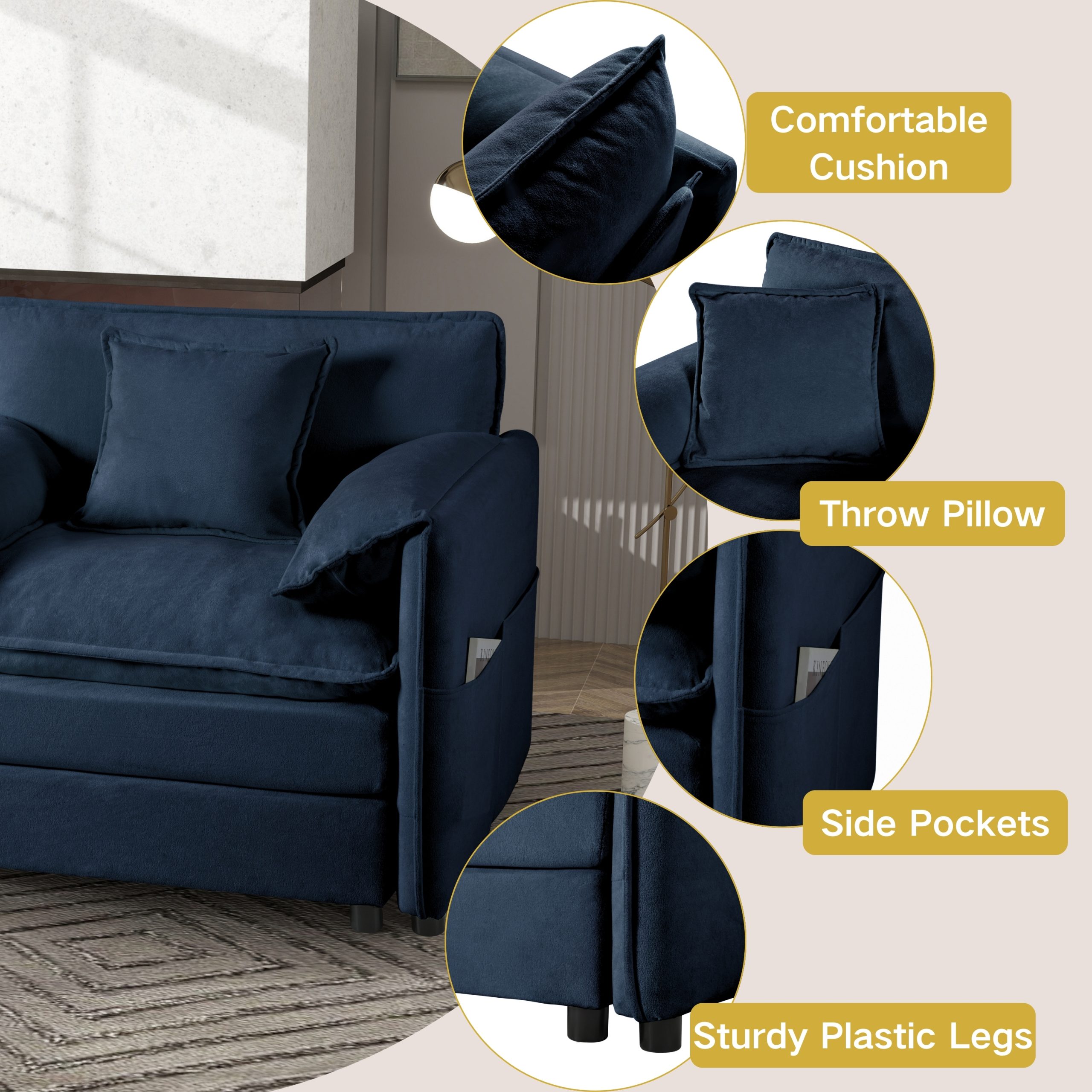 (Old:W3163P269205) Oversized 41.73" Chenille Armchair with 1 Toss Pillow, Modern Modular Reading Chair for Living Room or Bedroom, Deep-Seat DIY Sectional Sofa,Chenille,Blue - Image 3