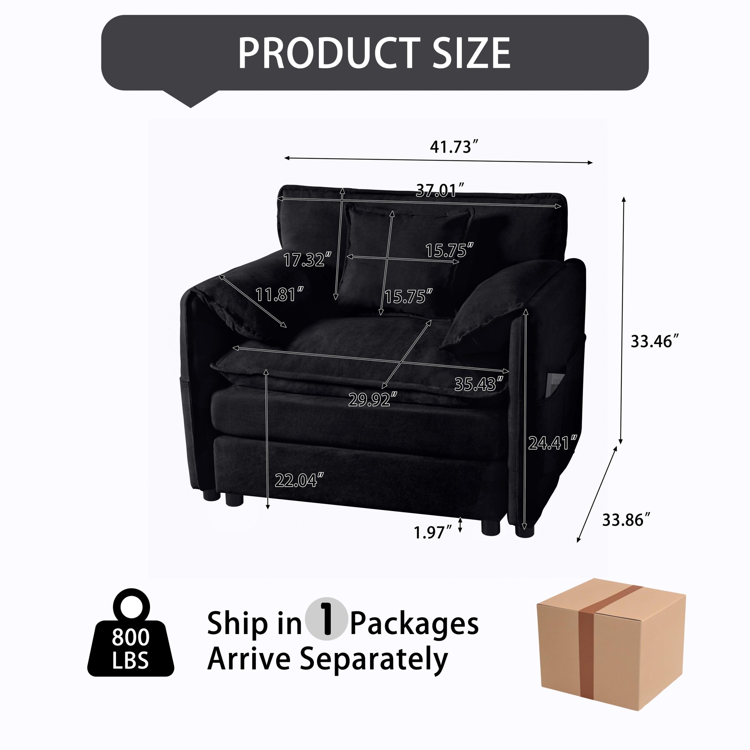 (Old:W3163P269209) Oversized 41.73" Chenille Armchair with 1 Toss Pillow, Modern Modular Reading Chair for Living Room or Bedroom, Deep-Seat DIY Sectional Sofa,Chenille,Black - Image 2