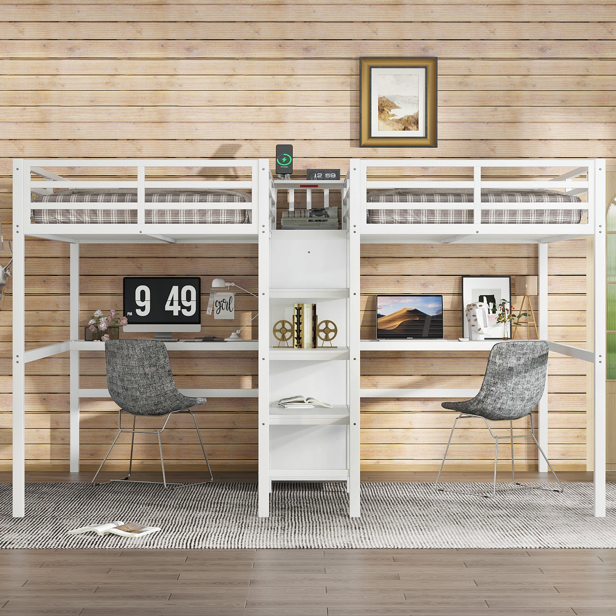 Twin Over Twin Metal Loft Bed with Double Desk and Wardrobe and Shelves with Electrical Outlet for Space Saving and Noise Reduction,White - Image 2