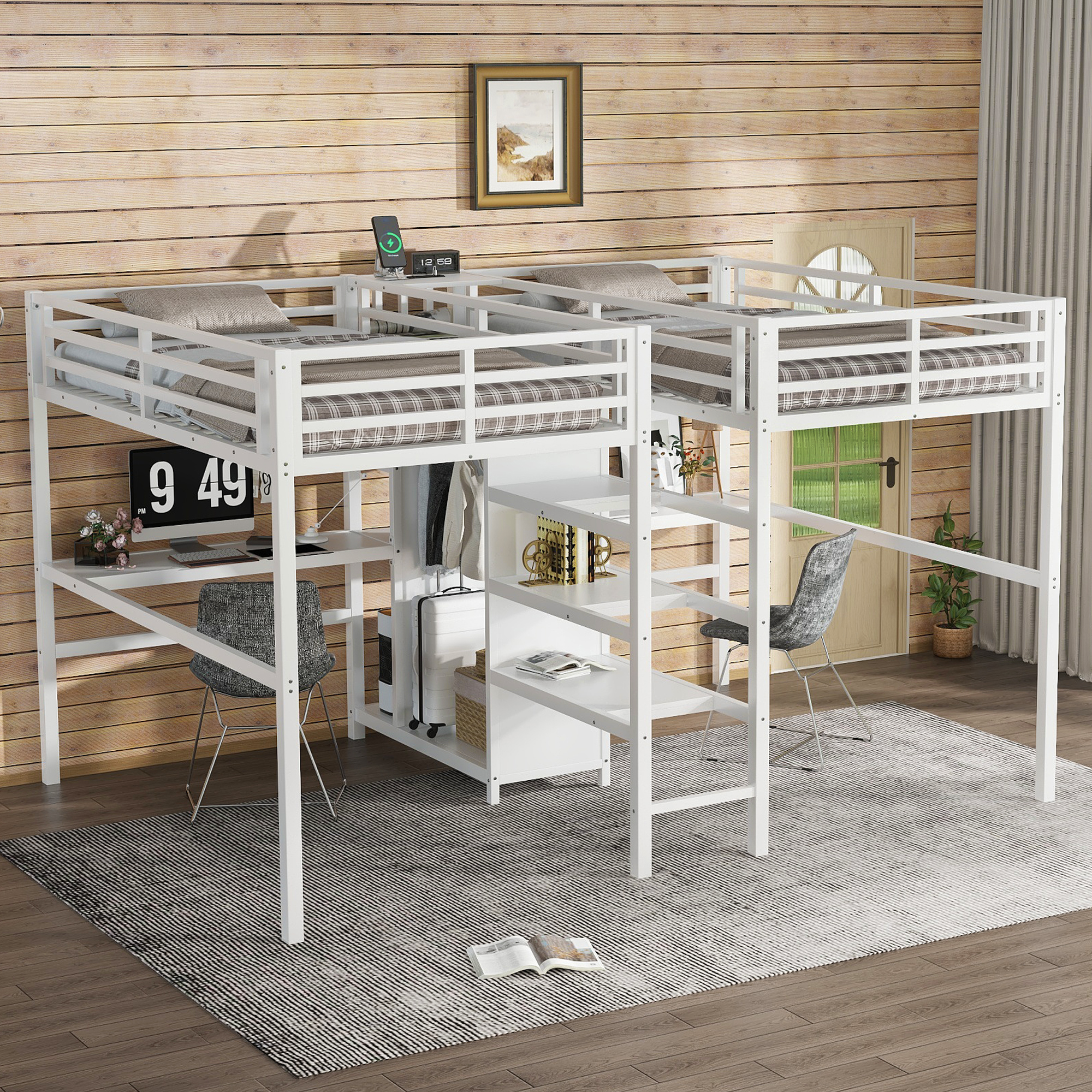 Twin Over Twin Metal Loft Bed with Double Desk and Wardrobe and Shelves with Electrical Outlet for Space Saving and Noise Reduction,White - Image 3