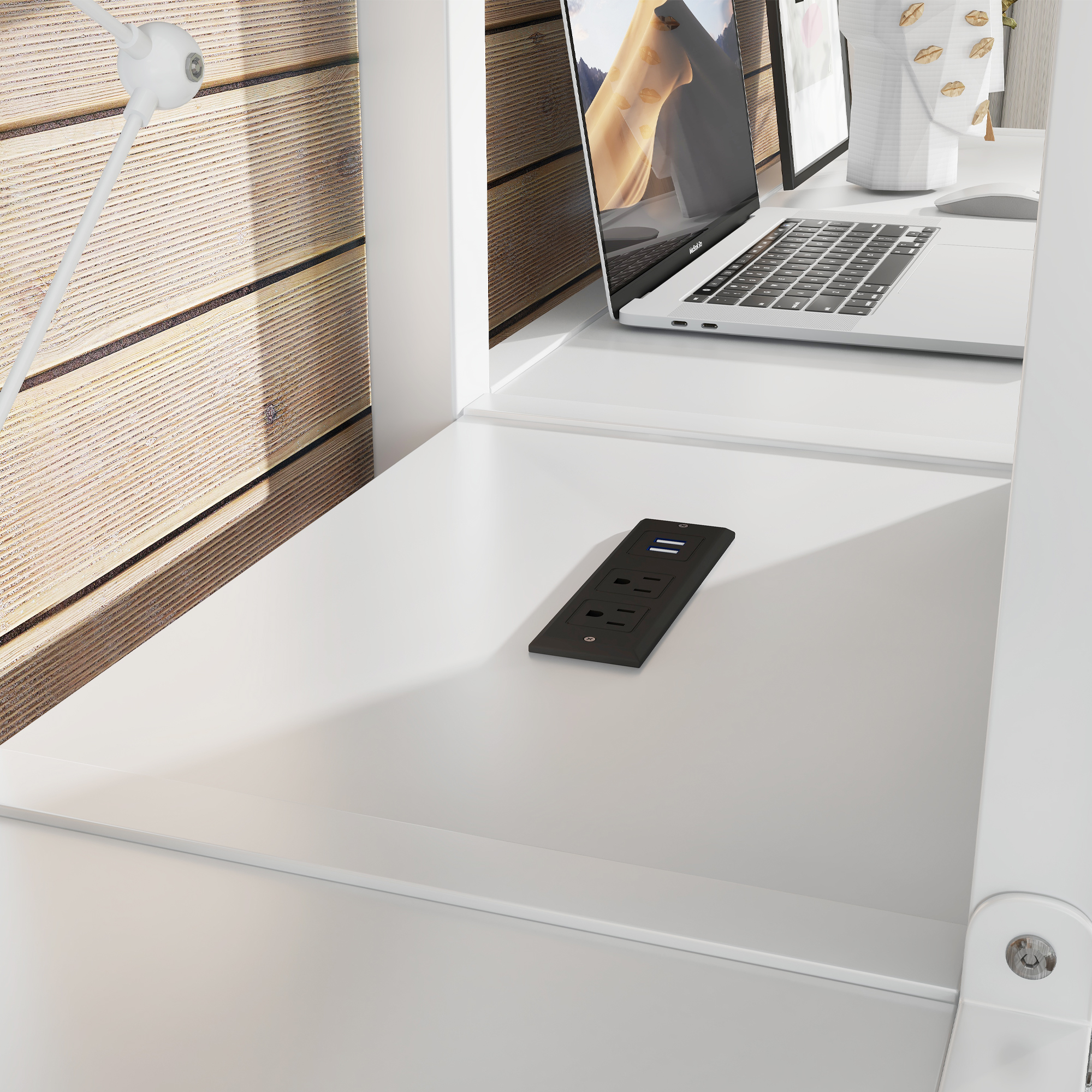 Twin Over Twin Metal Loft Bed with Double Desk and Wardrobe and Shelves with Electrical Outlet for Space Saving and Noise Reduction,White - Image 4