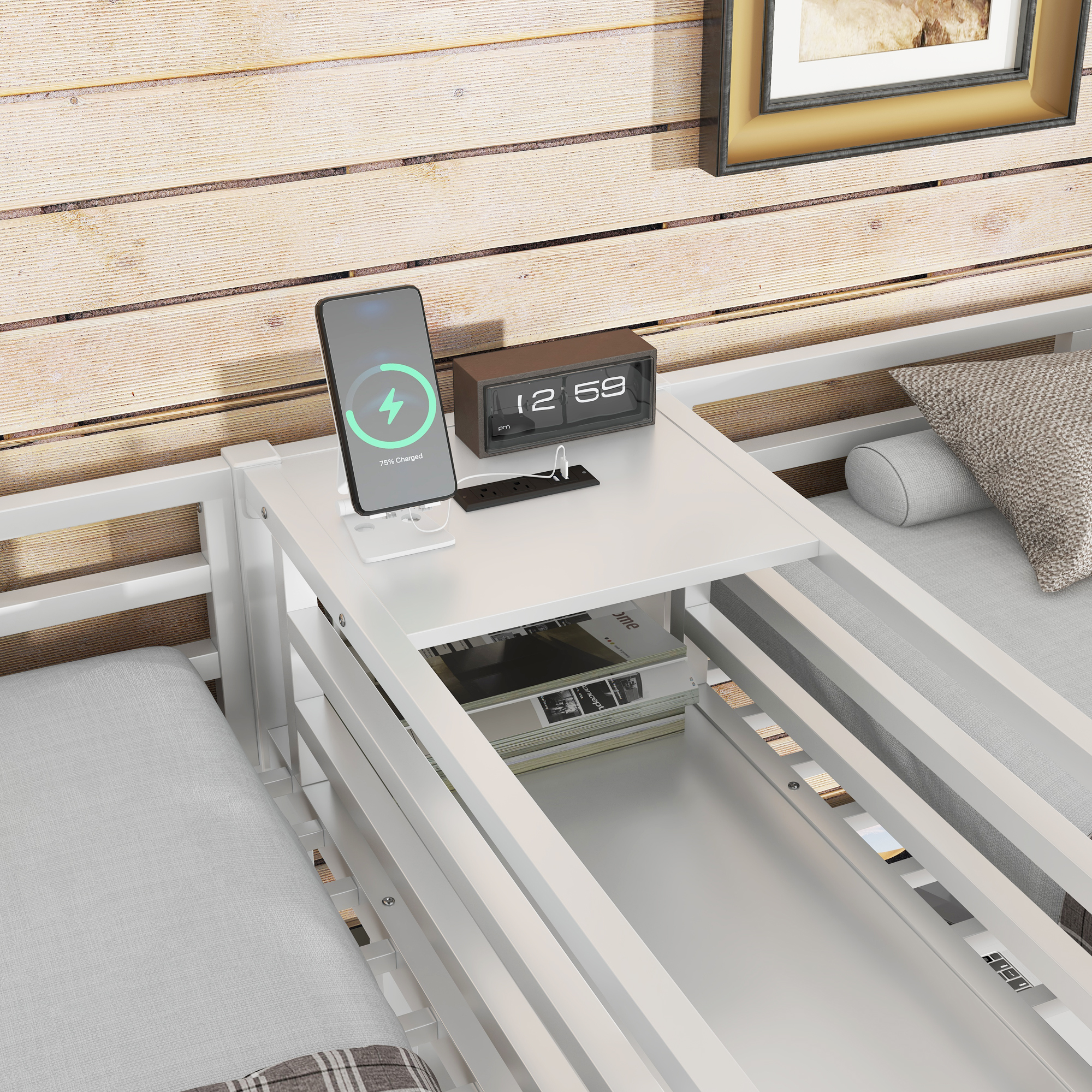 Twin Over Twin Metal Loft Bed with Double Desk and Wardrobe and Shelves with Electrical Outlet for Space Saving and Noise Reduction,White - Image 5