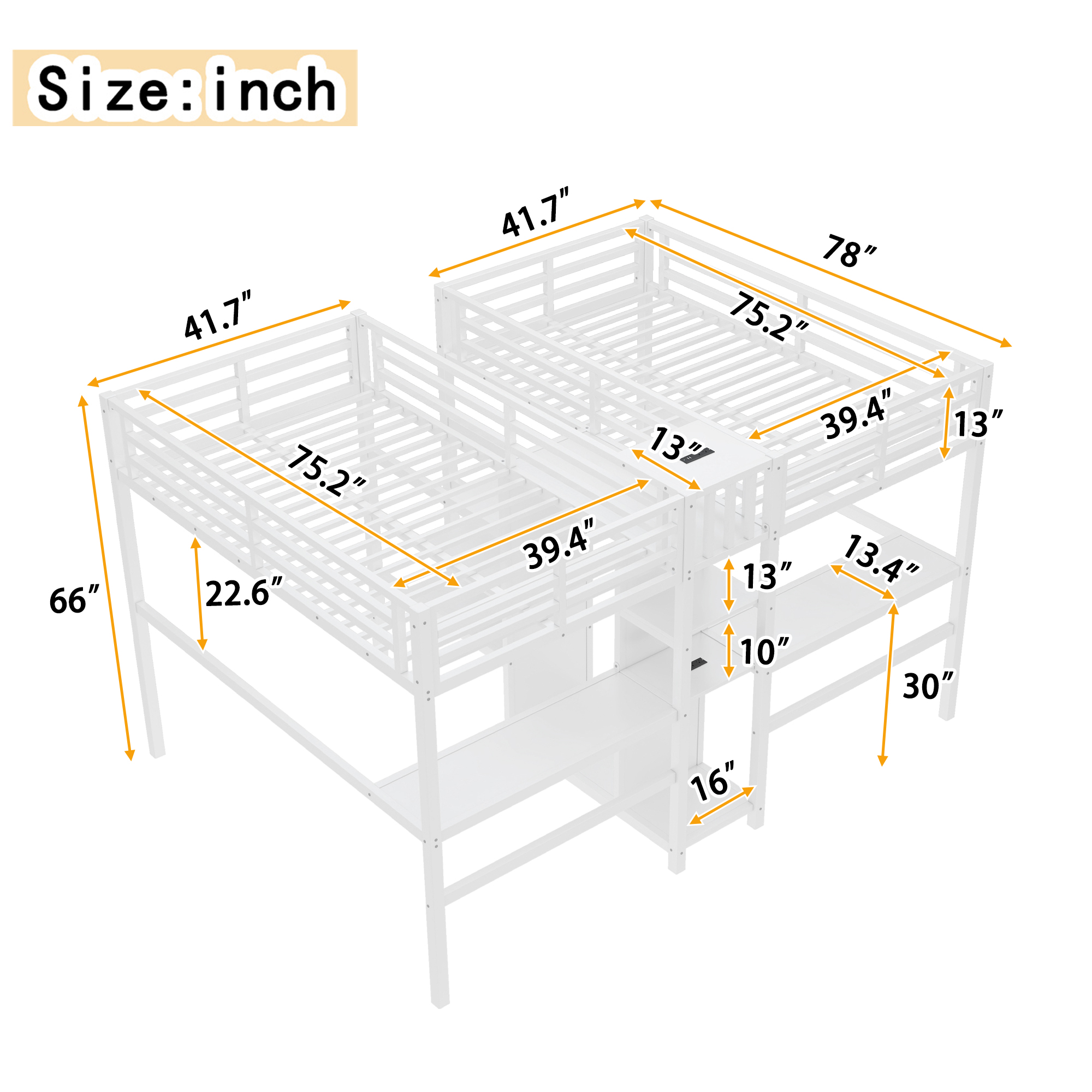 Twin Over Twin Metal Loft Bed with Double Desk and Wardrobe and Shelves with Electrical Outlet for Space Saving and Noise Reduction,White - Image 6