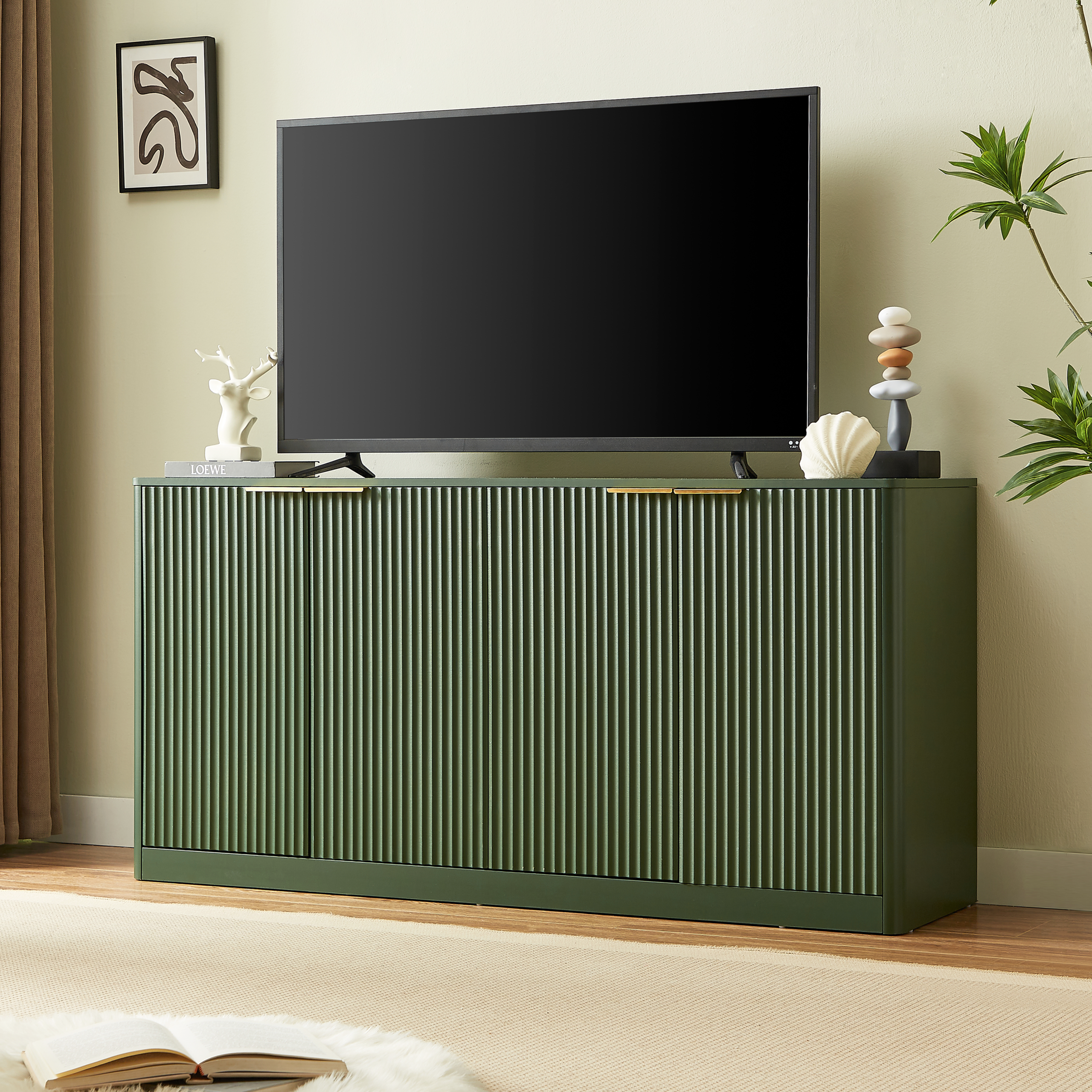 59-inch modern wavy sideboard, curved contour design storage cabinet, 4-door cabinet with storage function, suitable for kitchen/bedroom/living room, Green, 59.0"L x 15.7"W x 27.7"H - Image 2