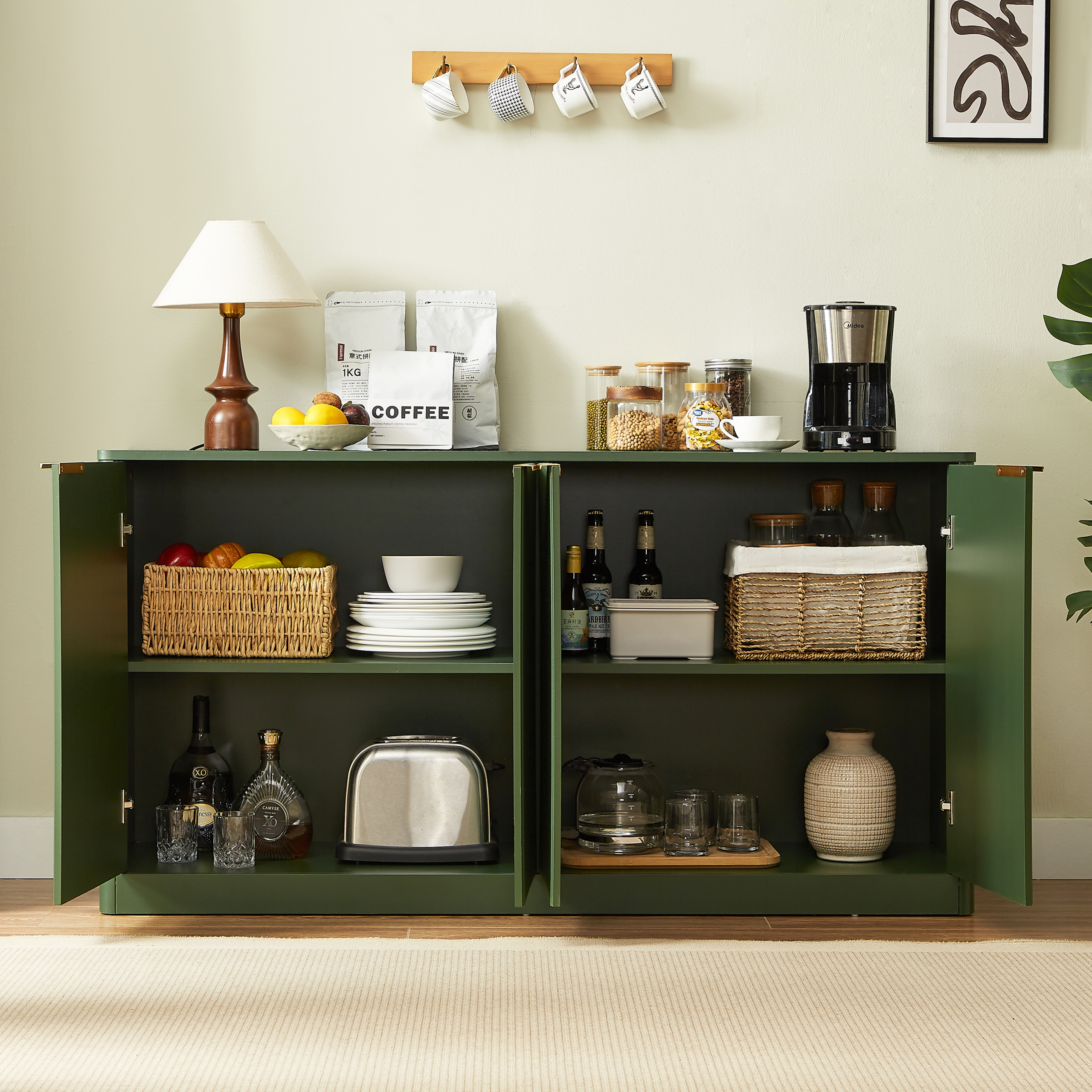 59-inch modern wavy sideboard, curved contour design storage cabinet, 4-door cabinet with storage function, suitable for kitchen/bedroom/living room, Green, 59.0"L x 15.7"W x 27.7"H - Image 3