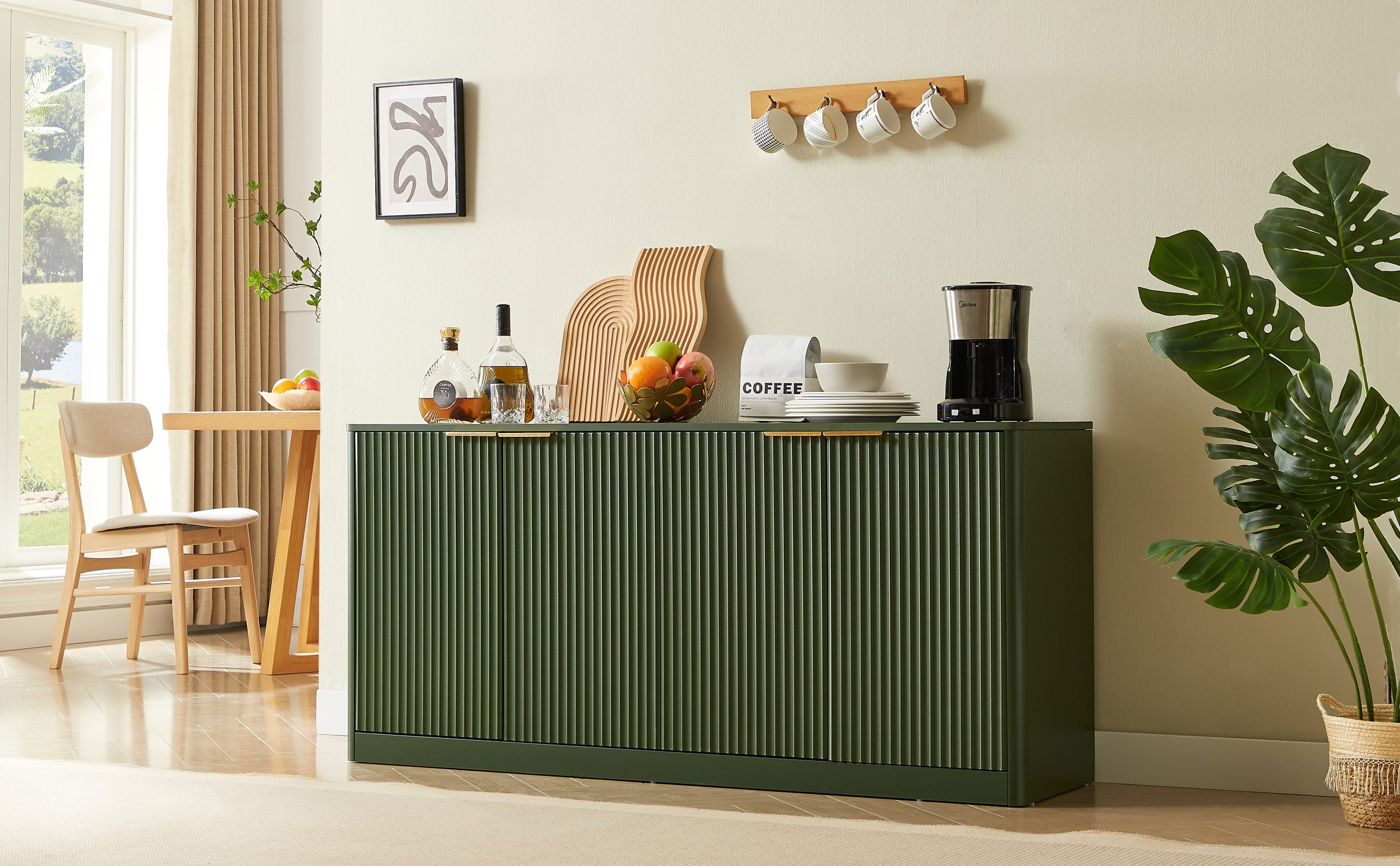 59-inch modern wavy sideboard, curved contour design storage cabinet, 4-door cabinet with storage function, suitable for kitchen/bedroom/living room, Green, 59.0"L x 15.7"W x 27.7"H - Image 4