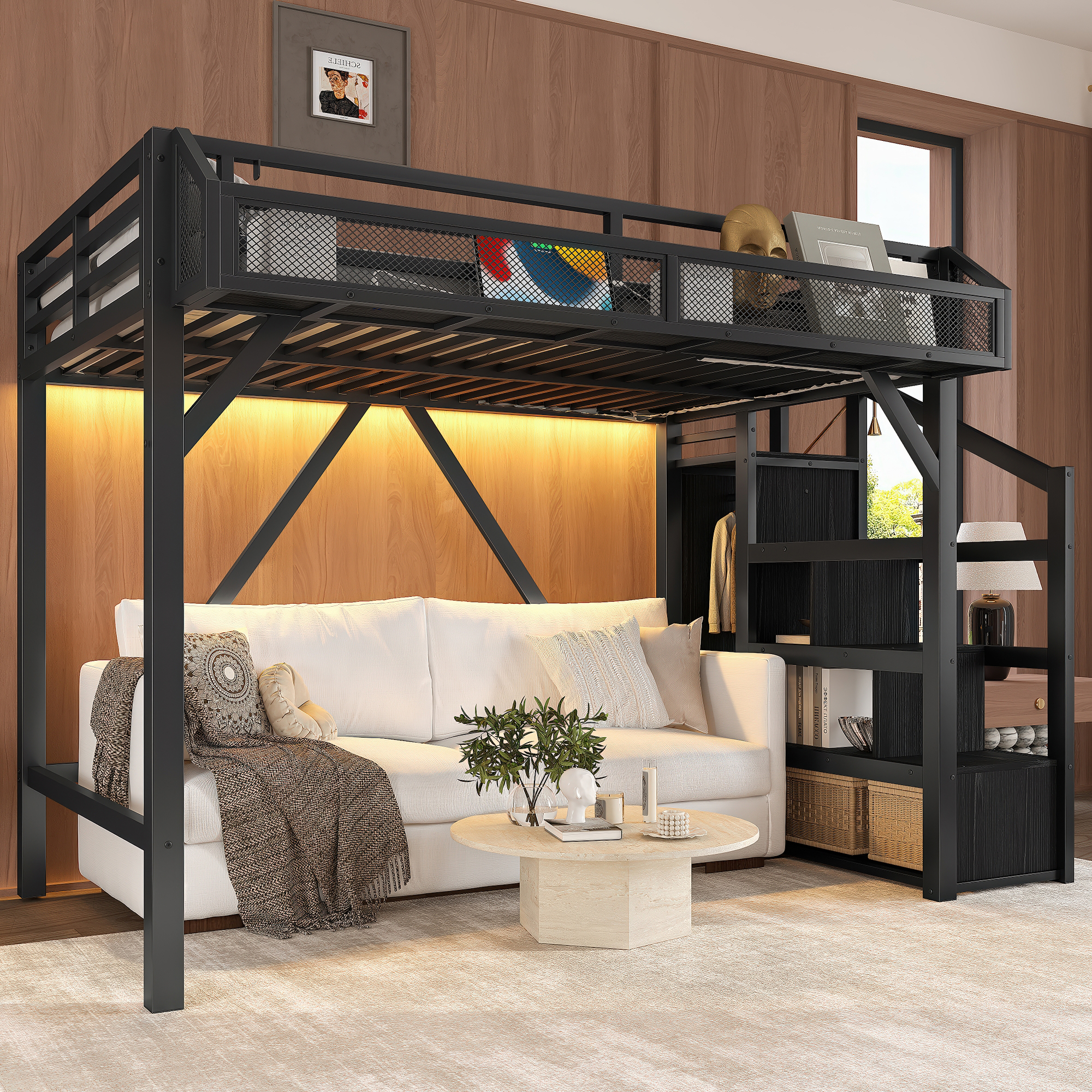 Twin XL Loft Bed with Storage Stairs, Shelves and Built-in Wardrobe, Metal Loft Bed Frame with USB Ports and LED Lights, Noise-reduced Design, Black - Image 2