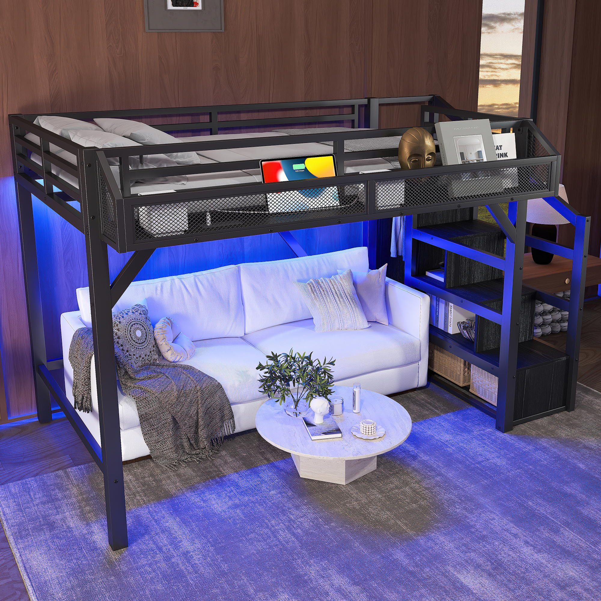 Twin XL Loft Bed with Storage Stairs, Shelves and Built-in Wardrobe, Metal Loft Bed Frame with USB Ports and LED Lights, Noise-reduced Design, Black - Image 3