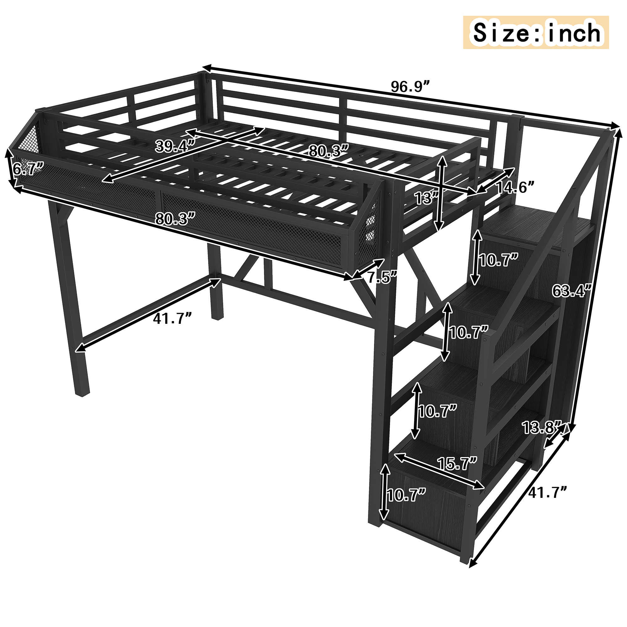 Twin XL Loft Bed with Storage Stairs, Shelves and Built-in Wardrobe, Metal Loft Bed Frame with USB Ports and LED Lights, Noise-reduced Design, Black - Image 4