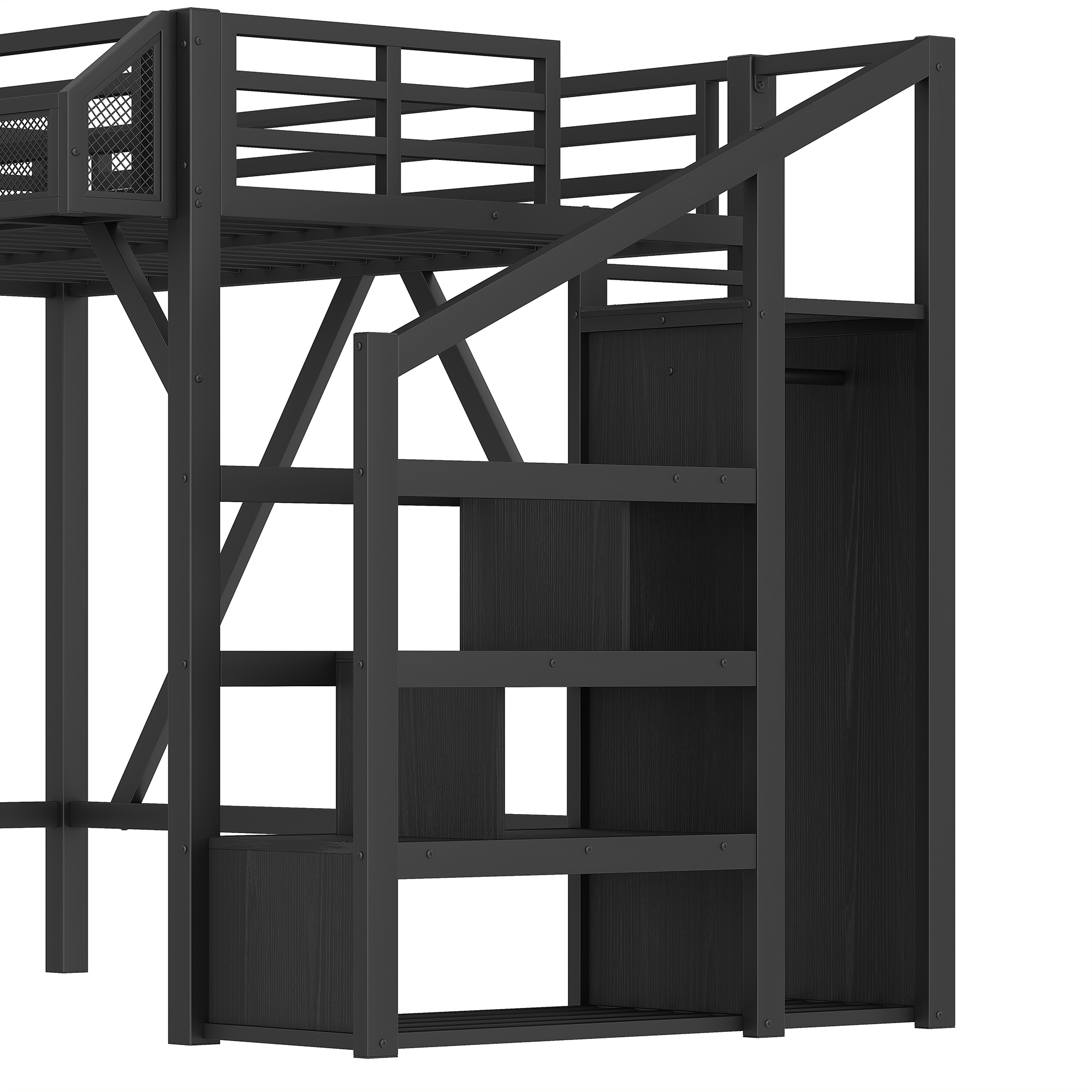 Twin XL Loft Bed with Storage Stairs, Shelves and Built-in Wardrobe, Metal Loft Bed Frame with USB Ports and LED Lights, Noise-reduced Design, Black - Image 5