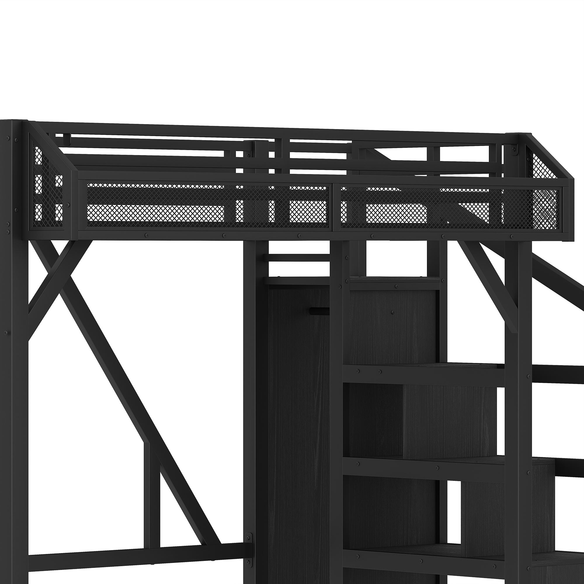 Twin XL Loft Bed with Storage Stairs, Shelves and Built-in Wardrobe, Metal Loft Bed Frame with USB Ports and LED Lights, Noise-reduced Design, Black - Image 6