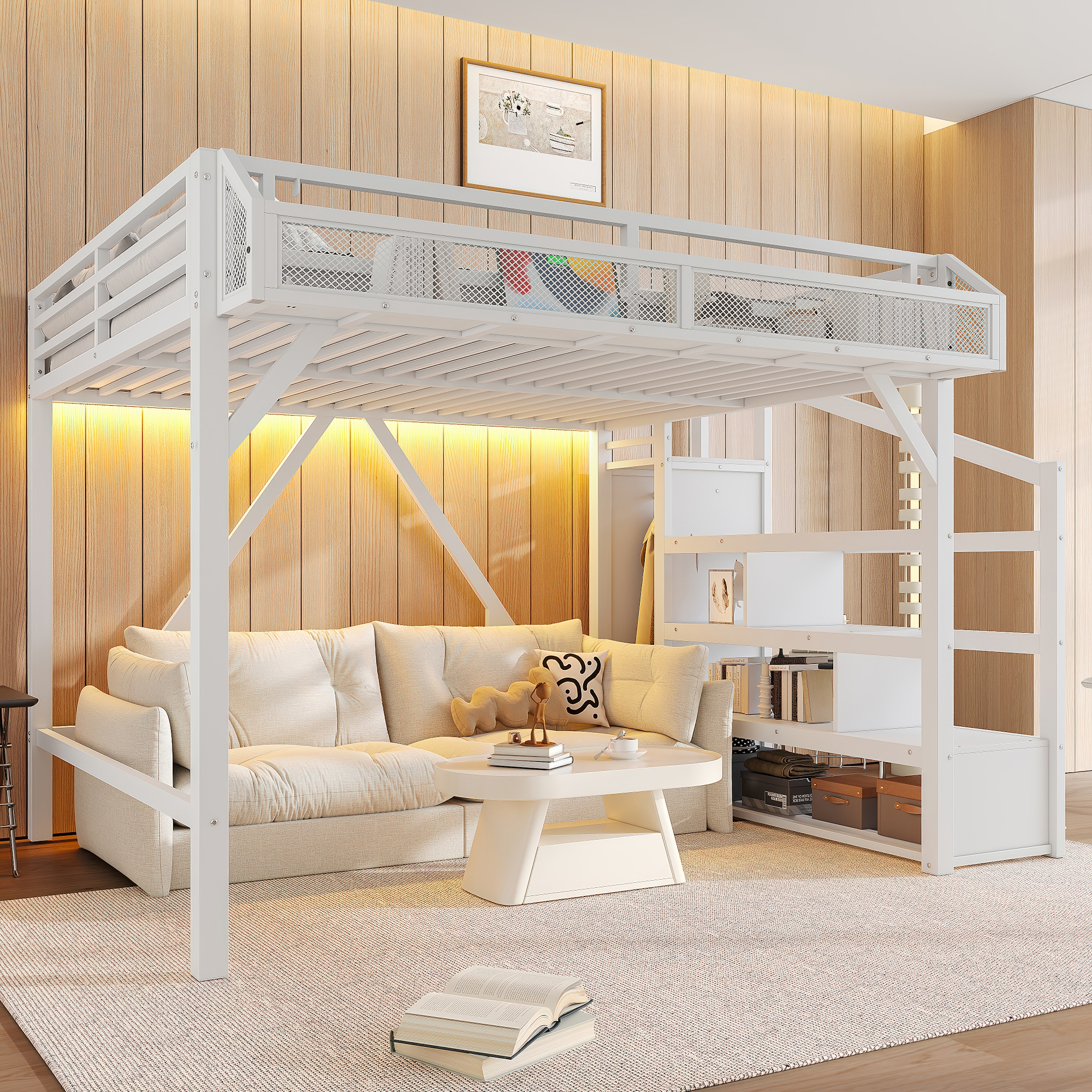 Queen Loft Bed with Storage Stairs, Shelves and Built-in Wardrobe, Metal Loft Bed Frame with USB Ports and LED Lights, Noise-reduced Design, White - Image 1