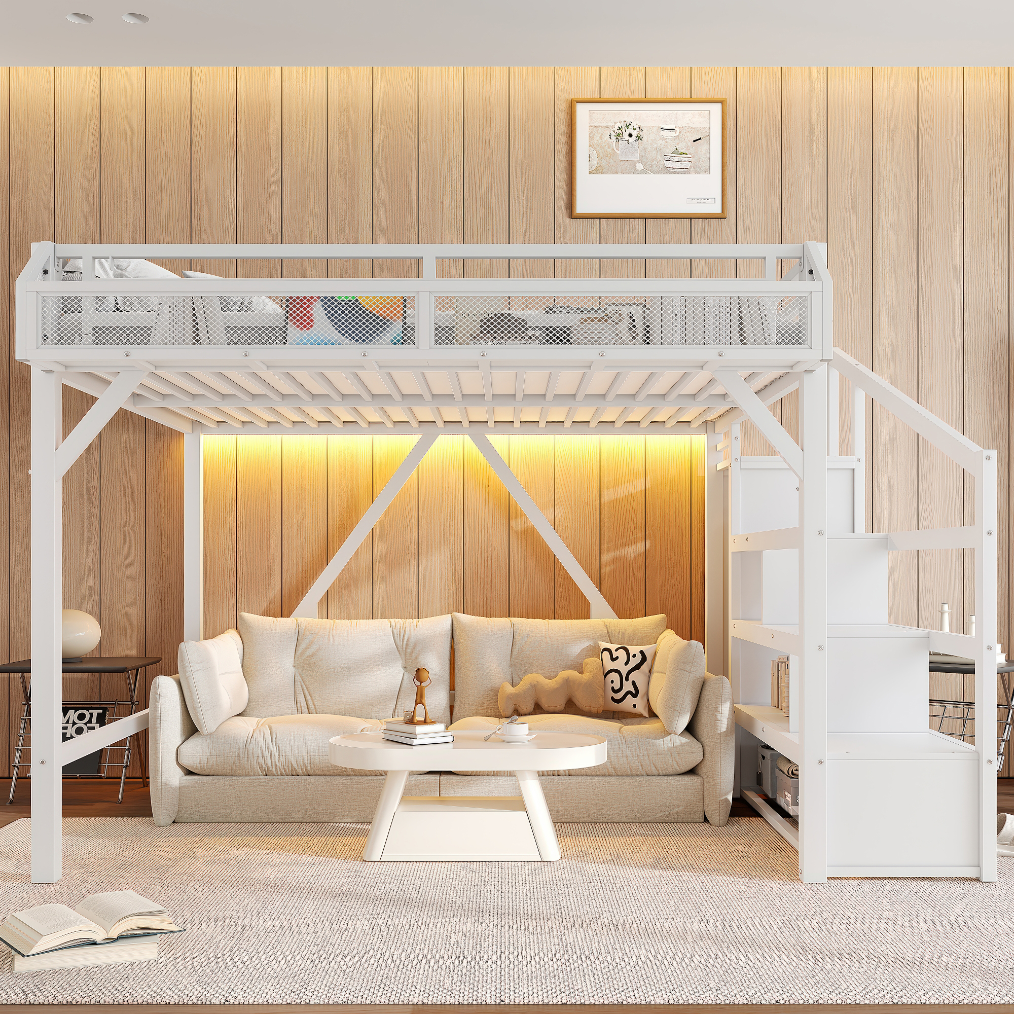 Queen Loft Bed with Storage Stairs, Shelves and Built-in Wardrobe, Metal Loft Bed Frame with USB Ports and LED Lights, Noise-reduced Design, White - Image 2