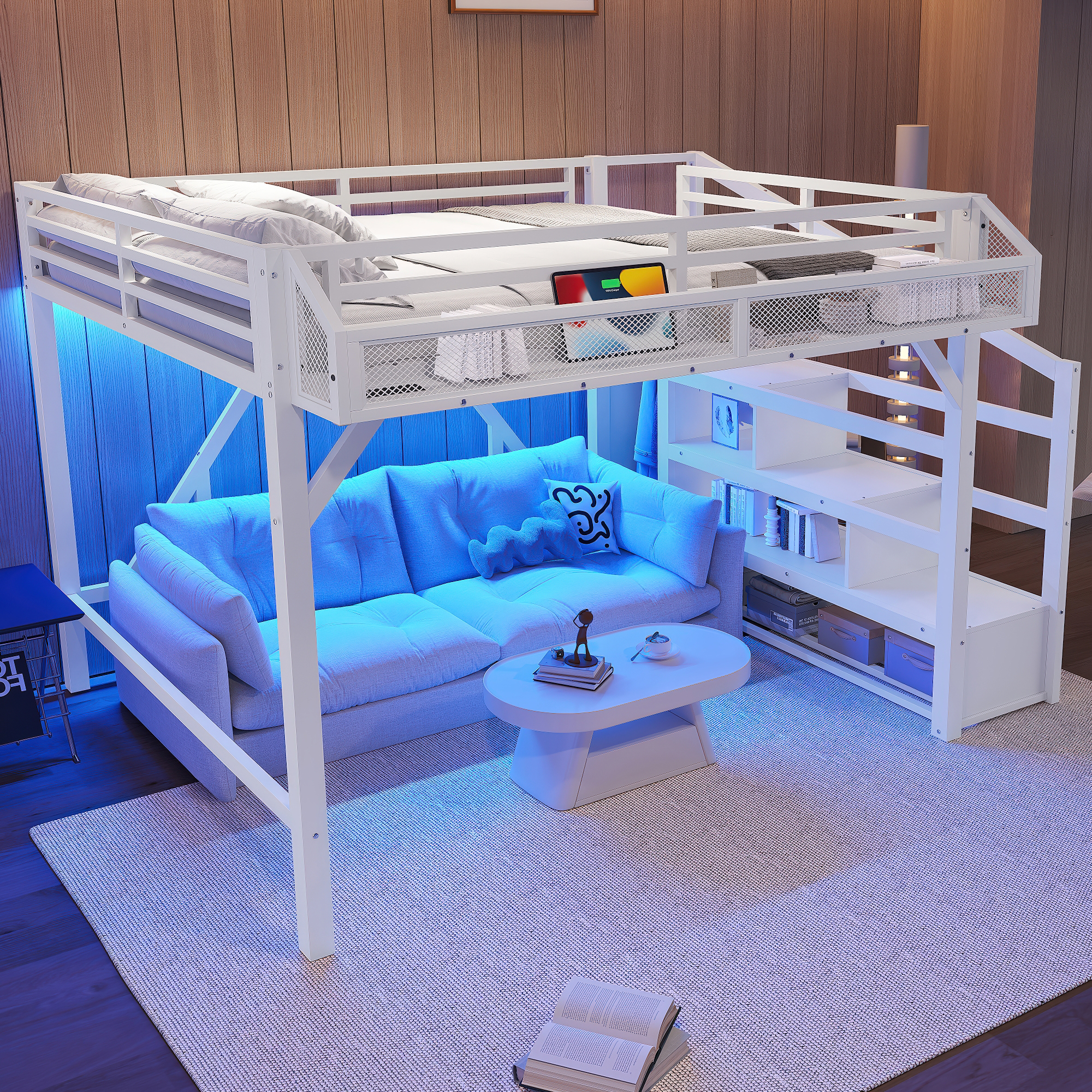 Queen Loft Bed with Storage Stairs, Shelves and Built-in Wardrobe, Metal Loft Bed Frame with USB Ports and LED Lights, Noise-reduced Design, White - Image 3