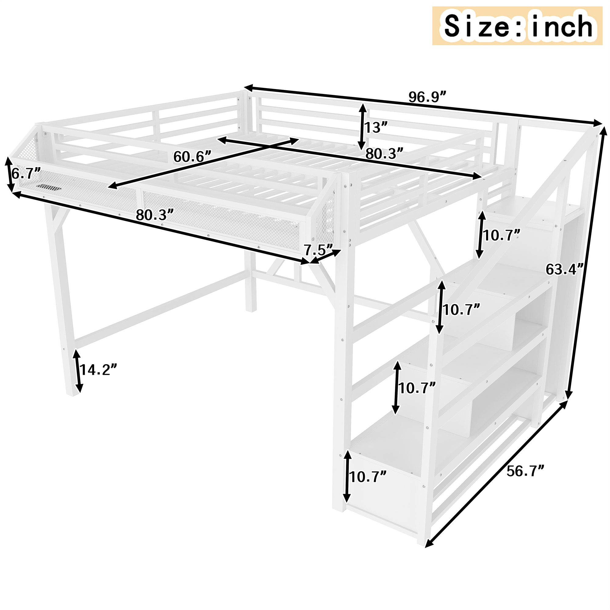 Queen Loft Bed with Storage Stairs, Shelves and Built-in Wardrobe, Metal Loft Bed Frame with USB Ports and LED Lights, Noise-reduced Design, White - Image 4