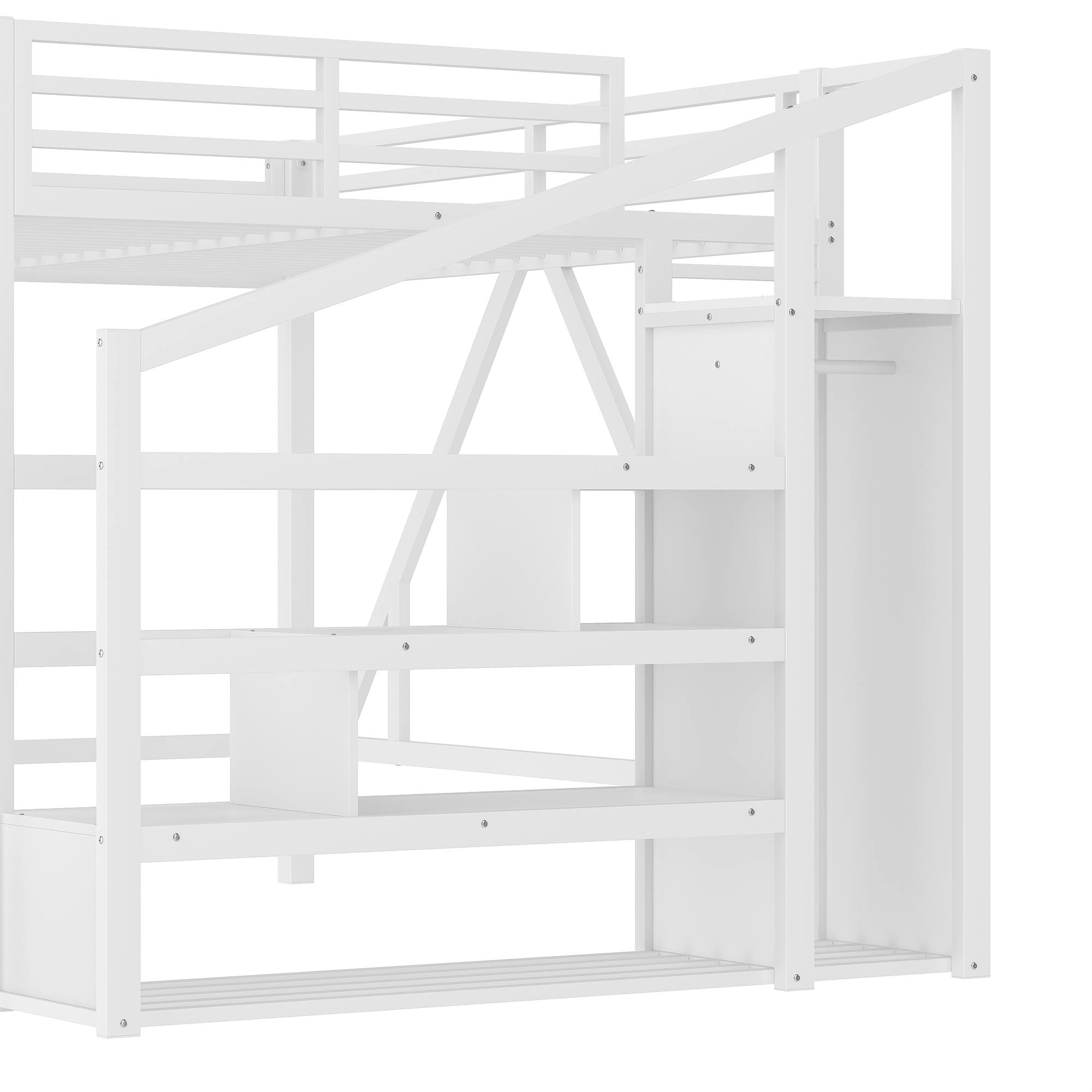 Queen Loft Bed with Storage Stairs, Shelves and Built-in Wardrobe, Metal Loft Bed Frame with USB Ports and LED Lights, Noise-reduced Design, White - Image 5