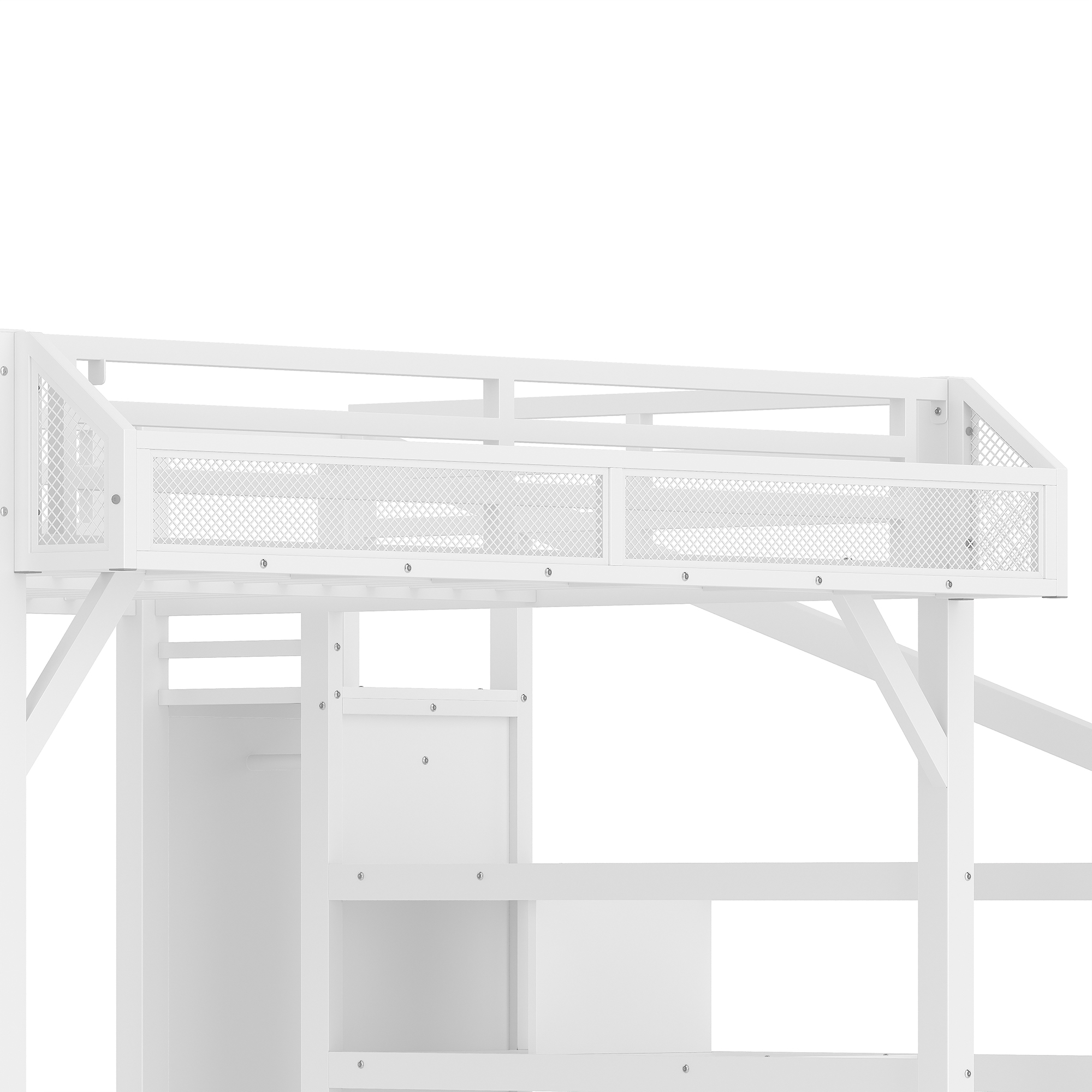 Queen Loft Bed with Storage Stairs, Shelves and Built-in Wardrobe, Metal Loft Bed Frame with USB Ports and LED Lights, Noise-reduced Design, White - Image 6