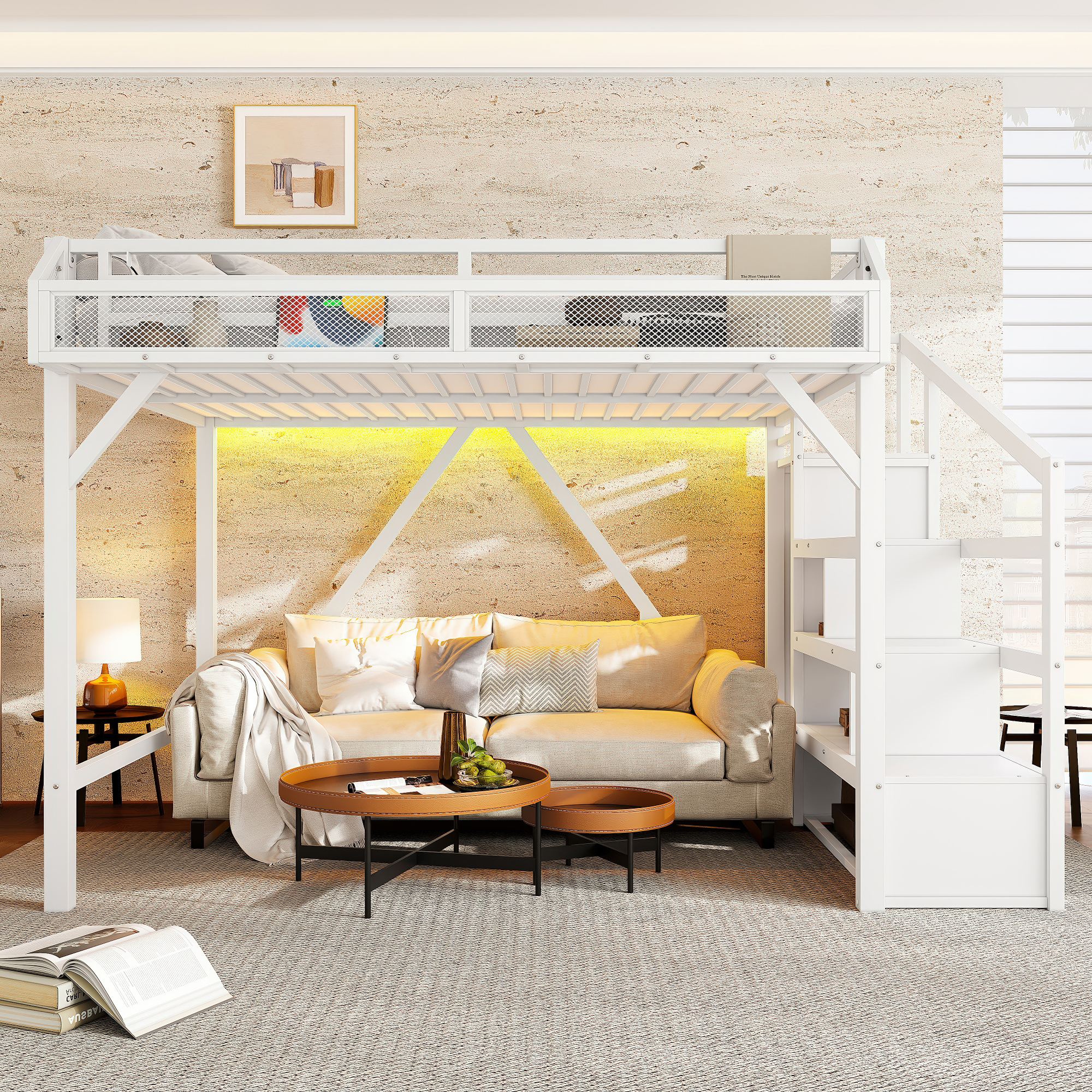 Full Loft Bed with Storage Stairs, Shelves and Built-in Wardrobe, Metal Loft Bed Frame with USB Ports and LED Lights, Noise-reduced Design, White