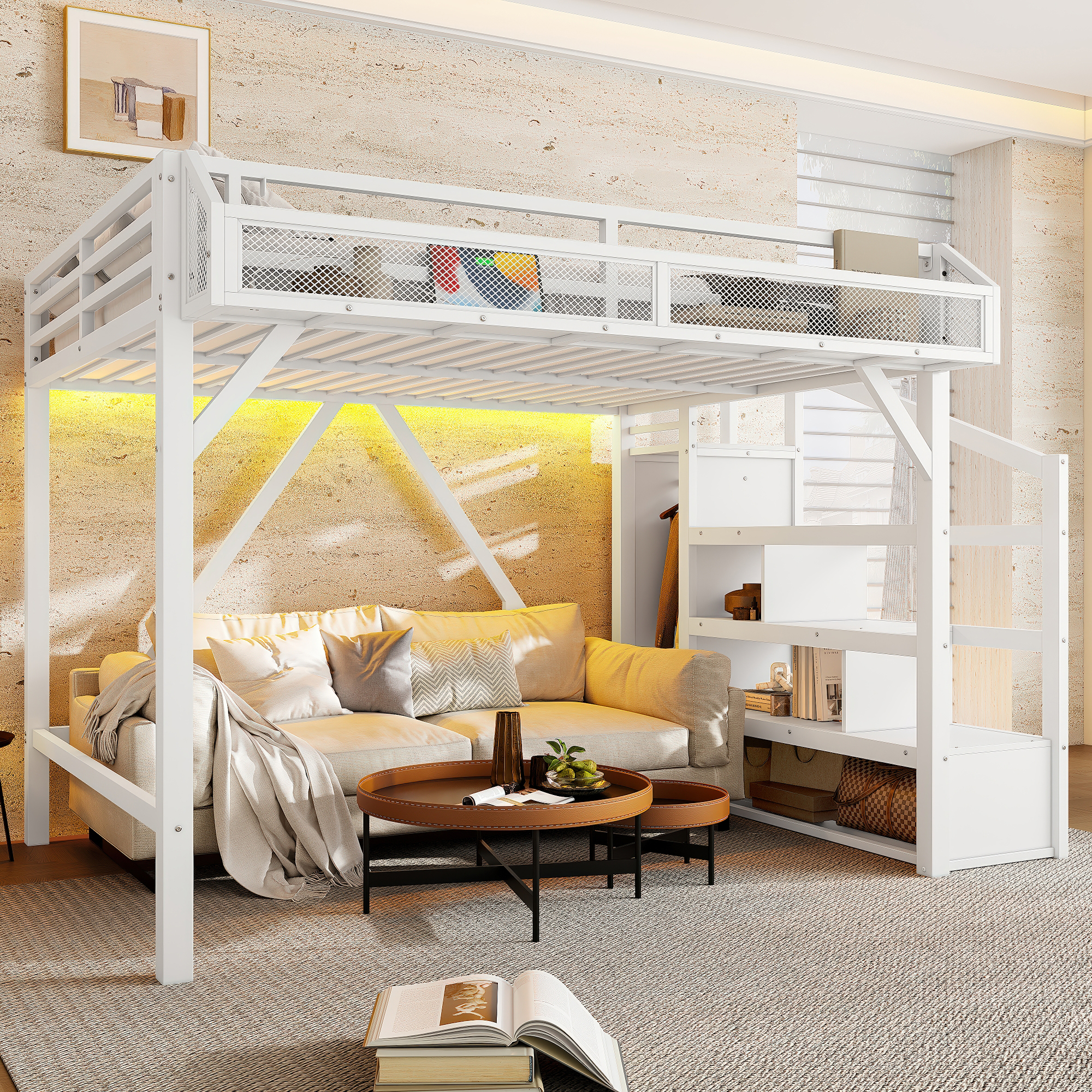 Full Loft Bed with Storage Stairs, Shelves and Built-in Wardrobe, Metal Loft Bed Frame with USB Ports and LED Lights, Noise-reduced Design, White - Image 2