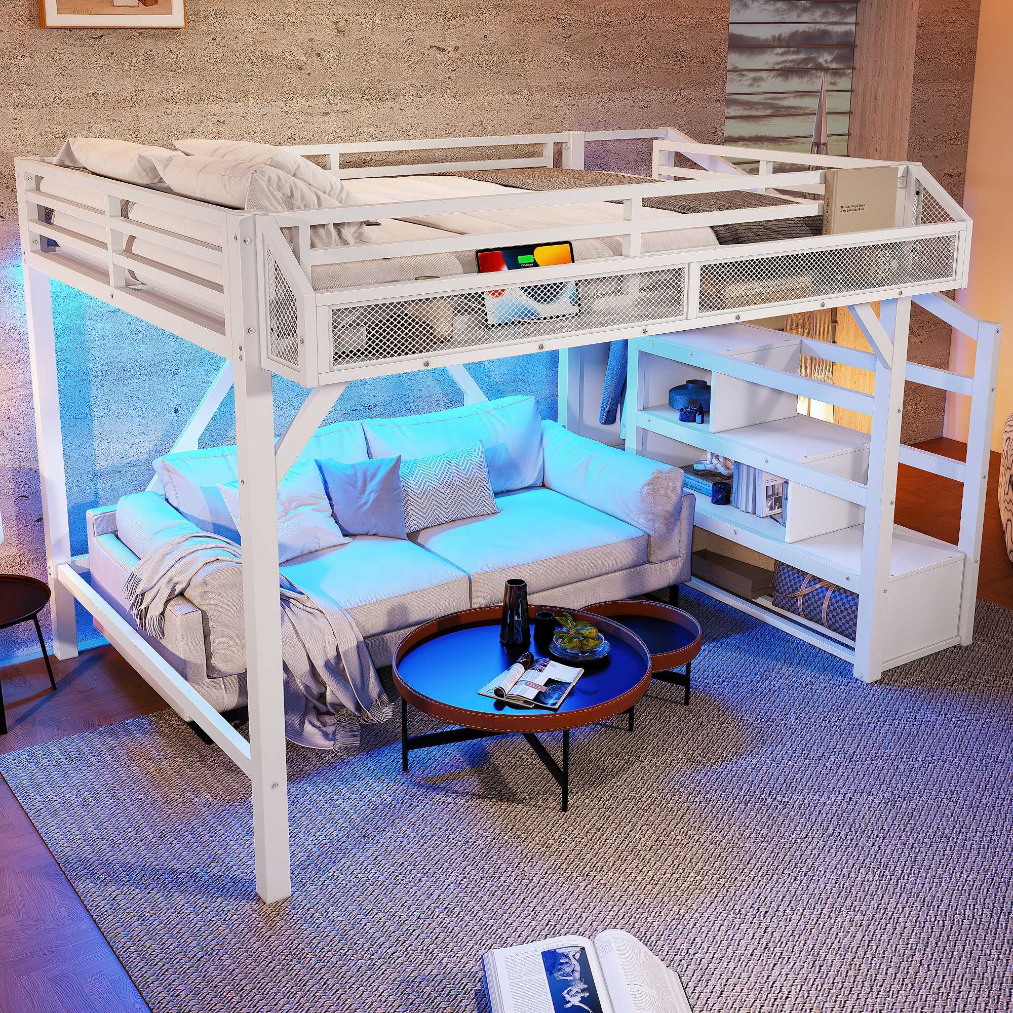 Full Loft Bed with Storage Stairs, Shelves and Built-in Wardrobe, Metal Loft Bed Frame with USB Ports and LED Lights, Noise-reduced Design, White - Image 3