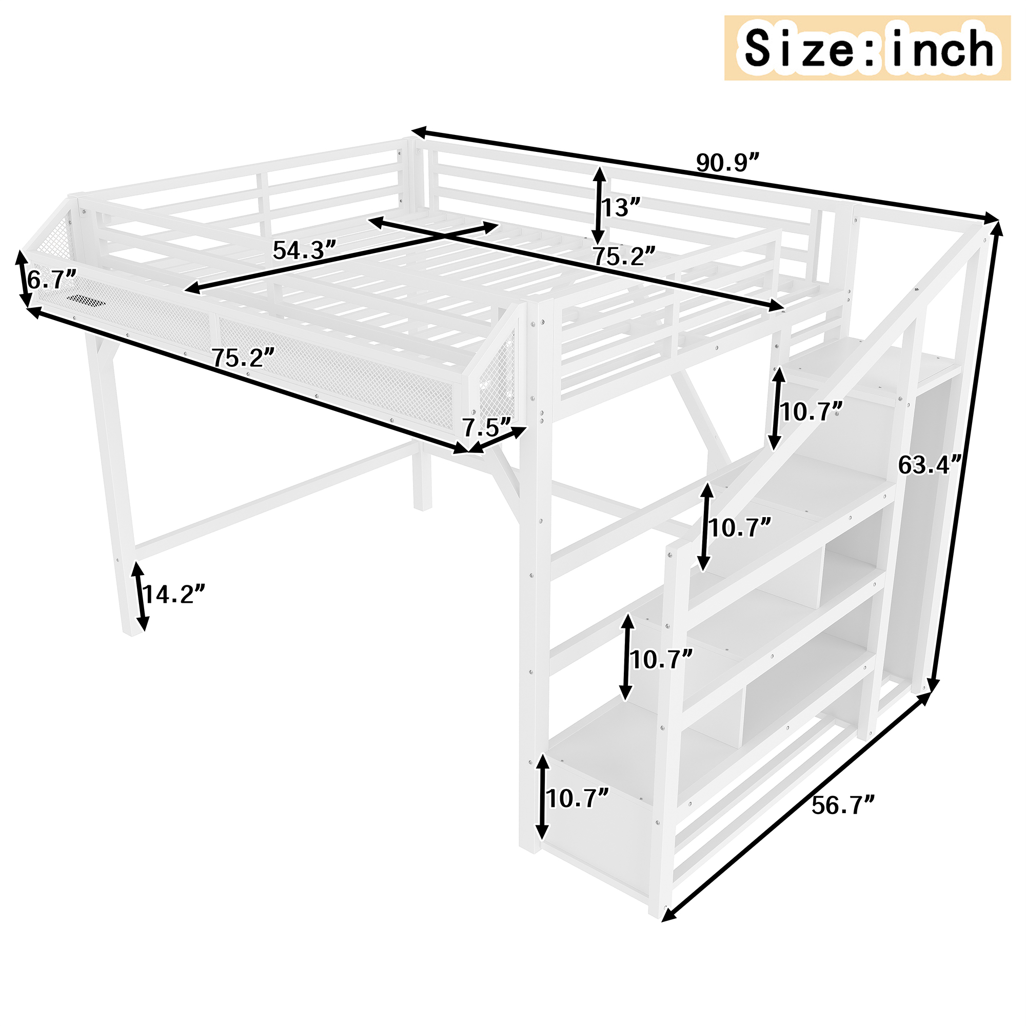 Full Loft Bed with Storage Stairs, Shelves and Built-in Wardrobe, Metal Loft Bed Frame with USB Ports and LED Lights, Noise-reduced Design, White - Image 4