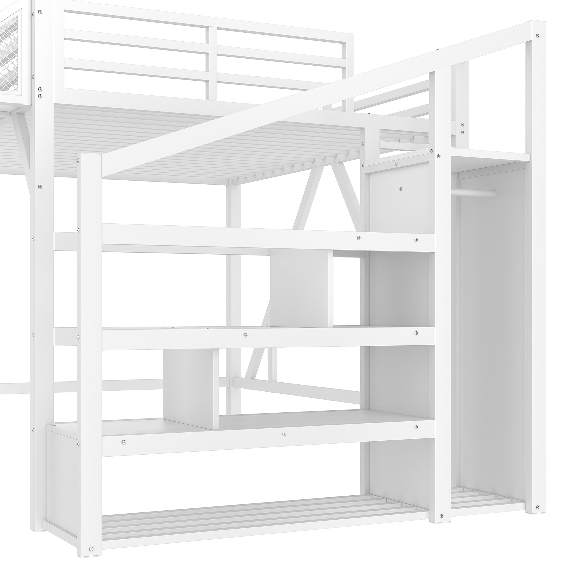 Full Loft Bed with Storage Stairs, Shelves and Built-in Wardrobe, Metal Loft Bed Frame with USB Ports and LED Lights, Noise-reduced Design, White - Image 5