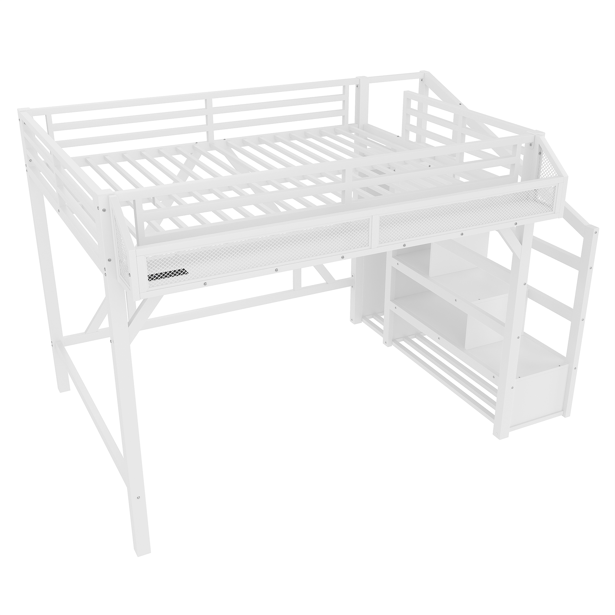 Full Loft Bed with Storage Stairs, Shelves and Built-in Wardrobe, Metal Loft Bed Frame with USB Ports and LED Lights, Noise-reduced Design, White - Image 6